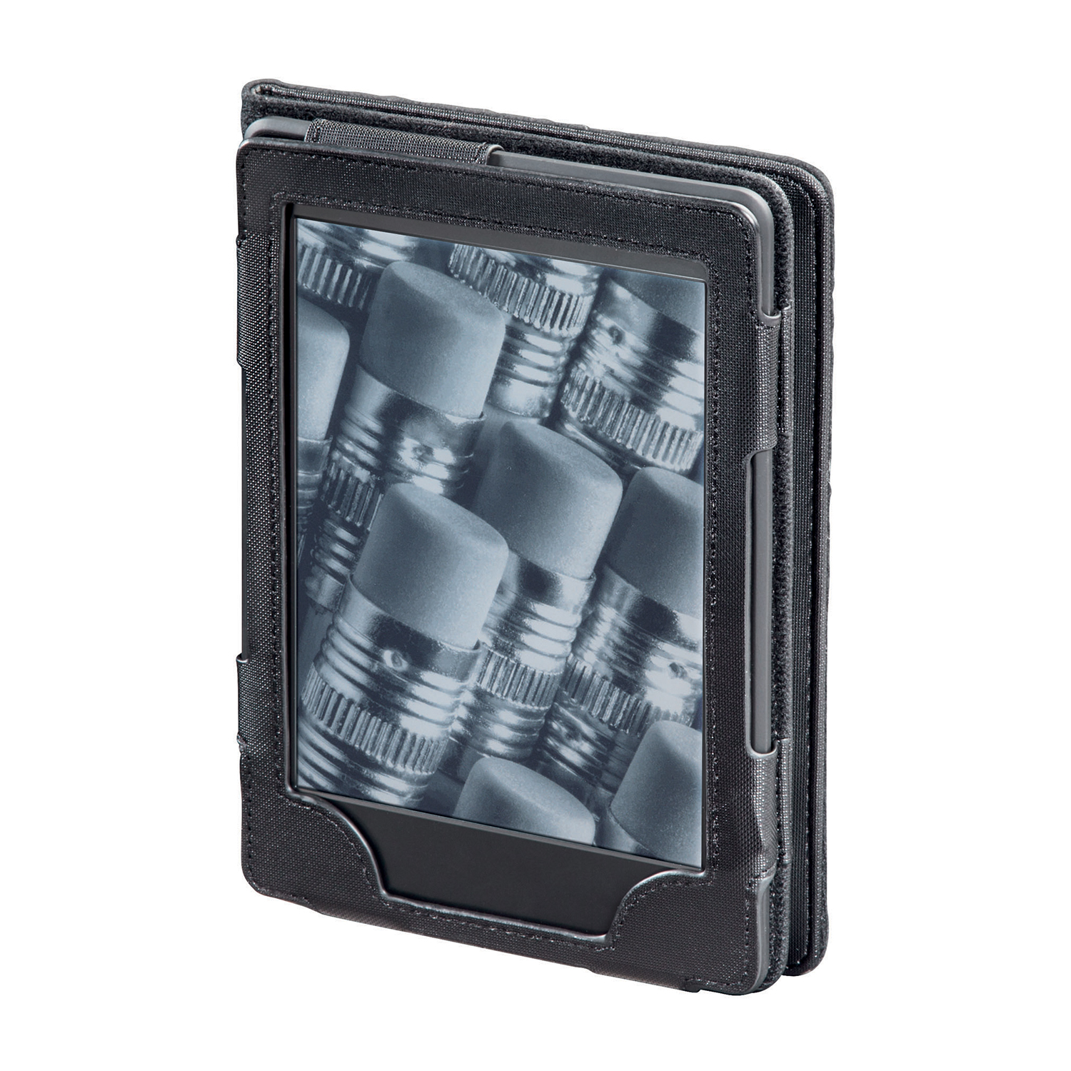 Kindle in una custodia nera, che mostra uno schermo pieno di immagini di matite.