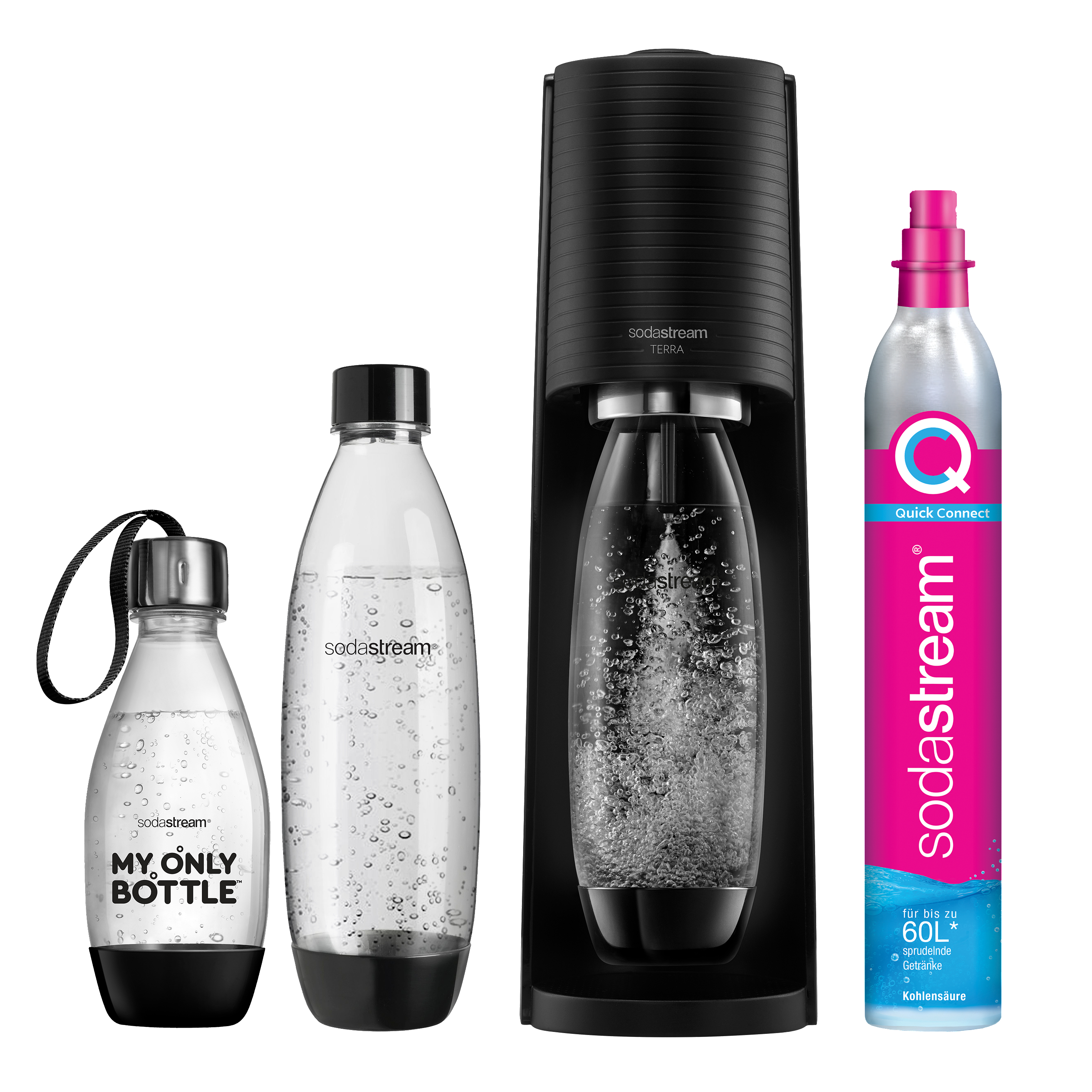 SodaStream-Setup: eine schwarze Maschine, zwei Flaschen und eine CO2-Zylinder mit pinkem Etikett.