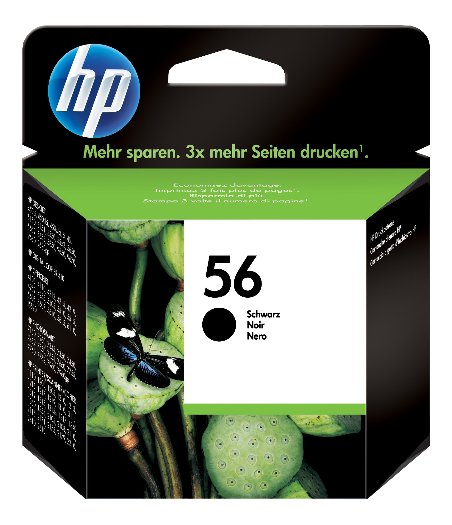 HP Tintenpatrone. Schwarze Tinte und die Nummer 56. Ein schwarz-weißer Schmetterling ist sichtbar.