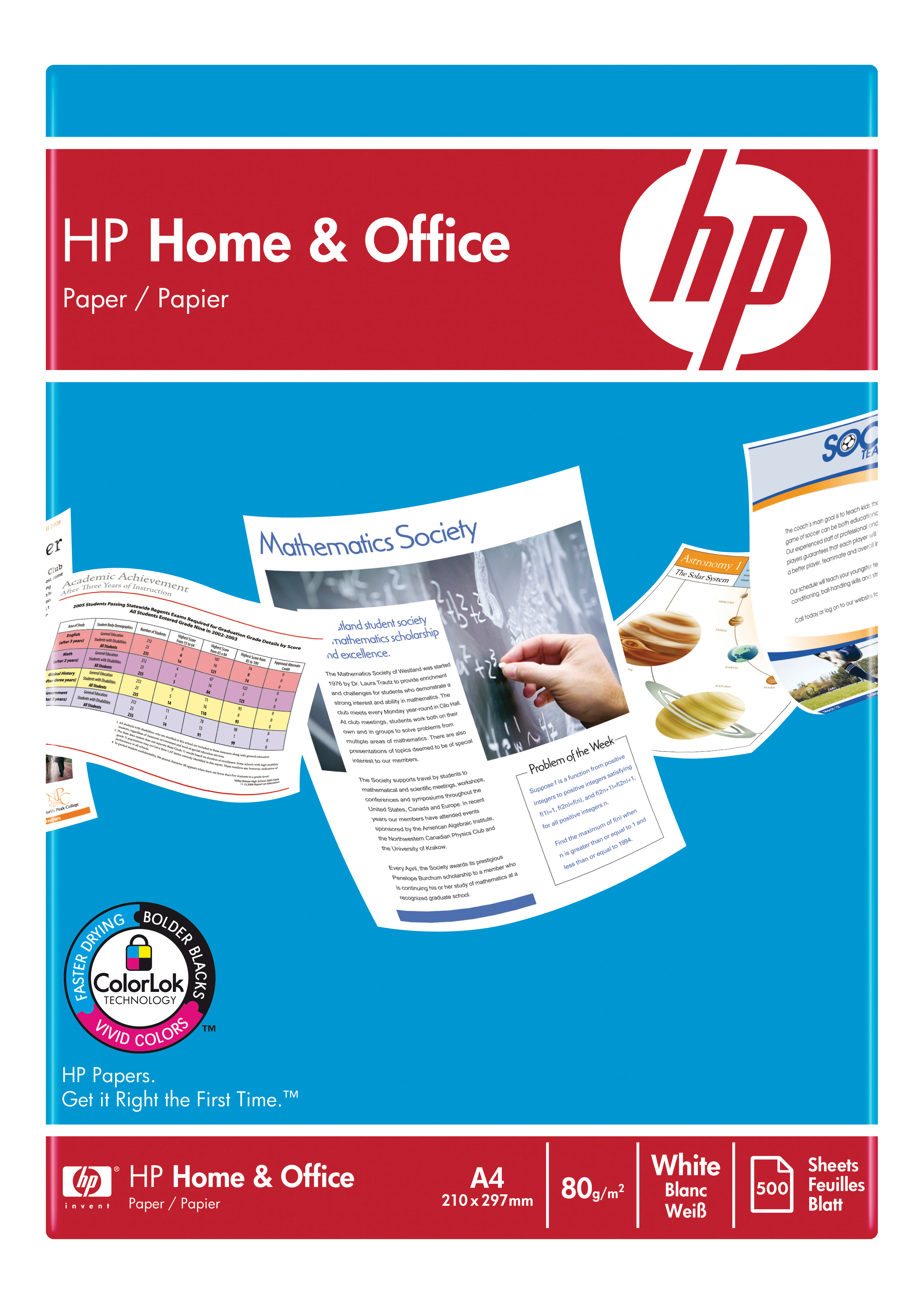 Confezione di carta HP Home & Office blu e bianca. Contiene carte e dettagli.