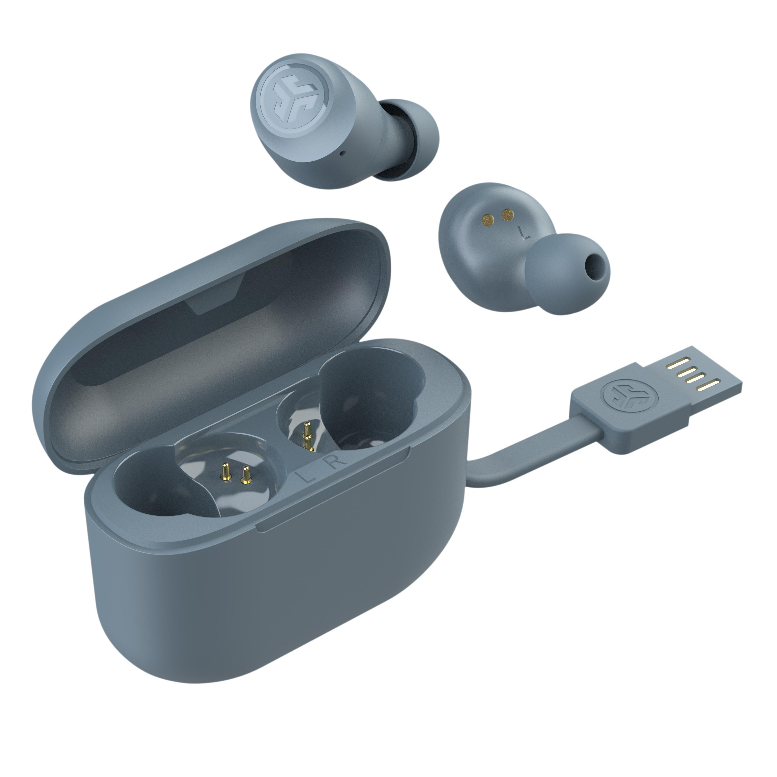 Paar graue kabellose Ohrhörer und ein Ladeetui mit einem USB-C-Kabel. Die Ohrhörer befinden sich in der Luft.