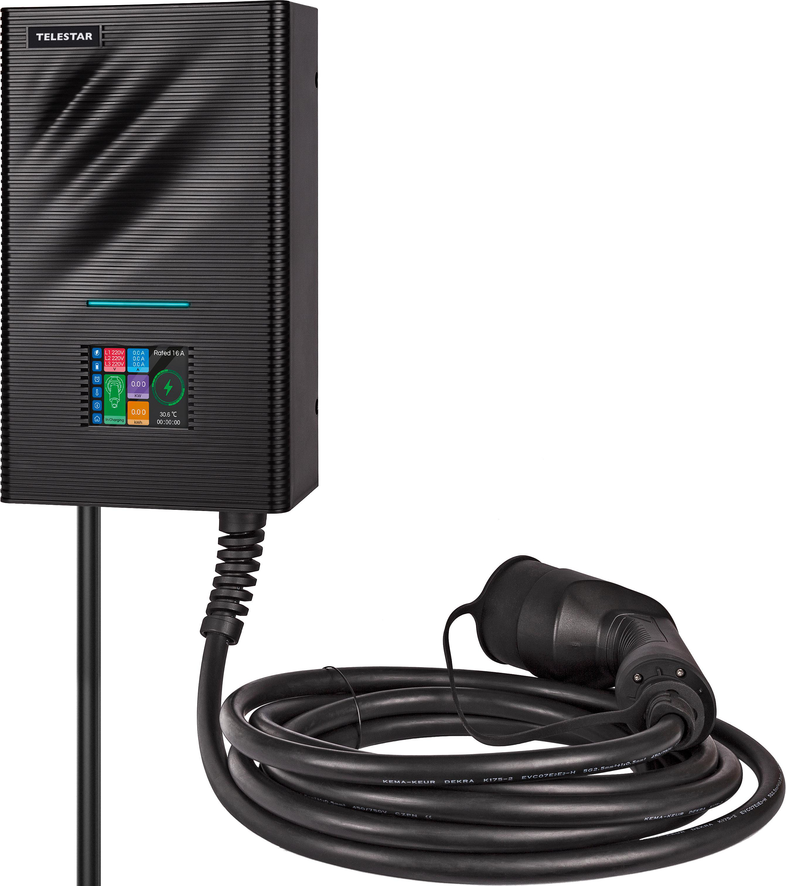Schwarze Ladestation für Elektrofahrzeuge mit Kabel und Stecker. Digitalanzeige mit Statistiken.
