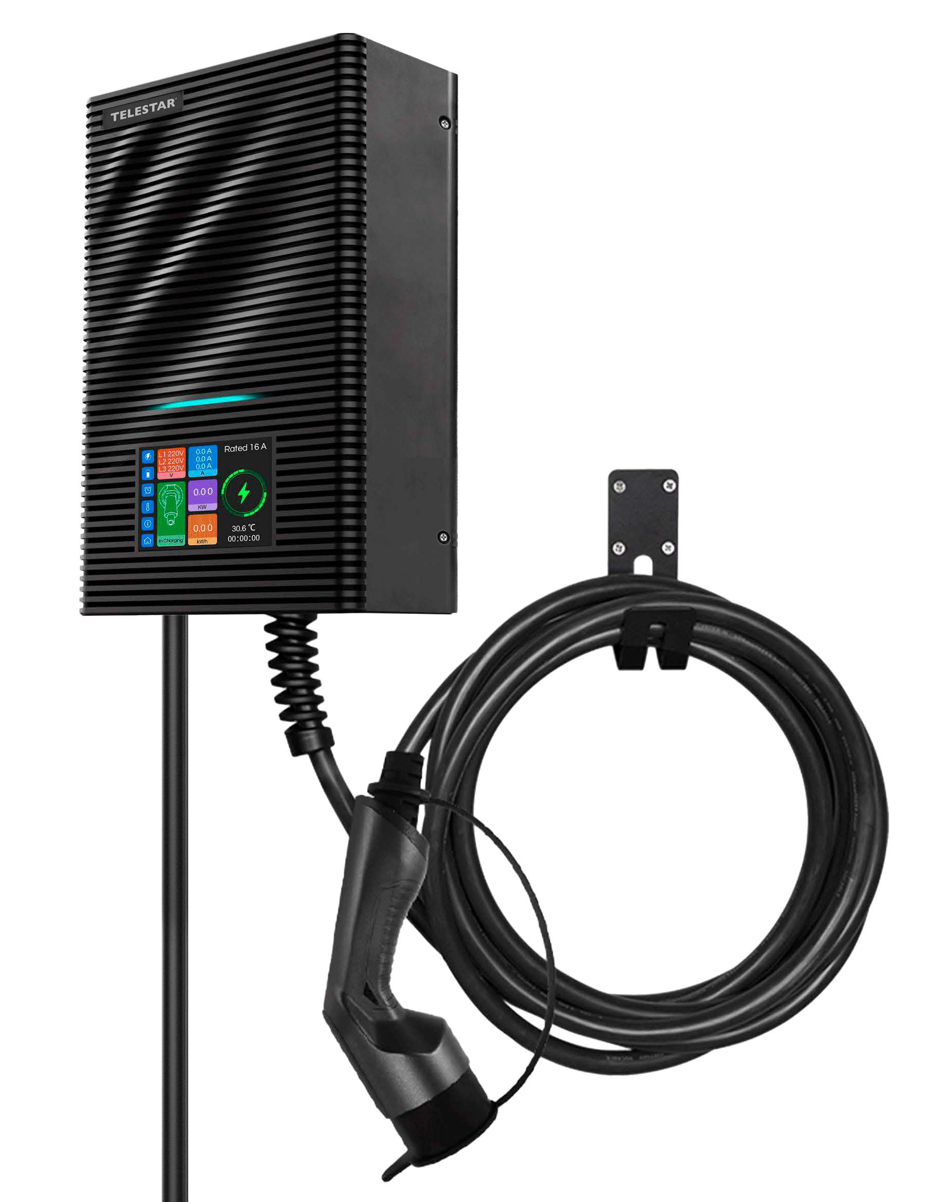 Schwarzes Elektrofahrzeug-Ladegerät an einer Wand. Ein Kabel und Stecker sind befestigt.