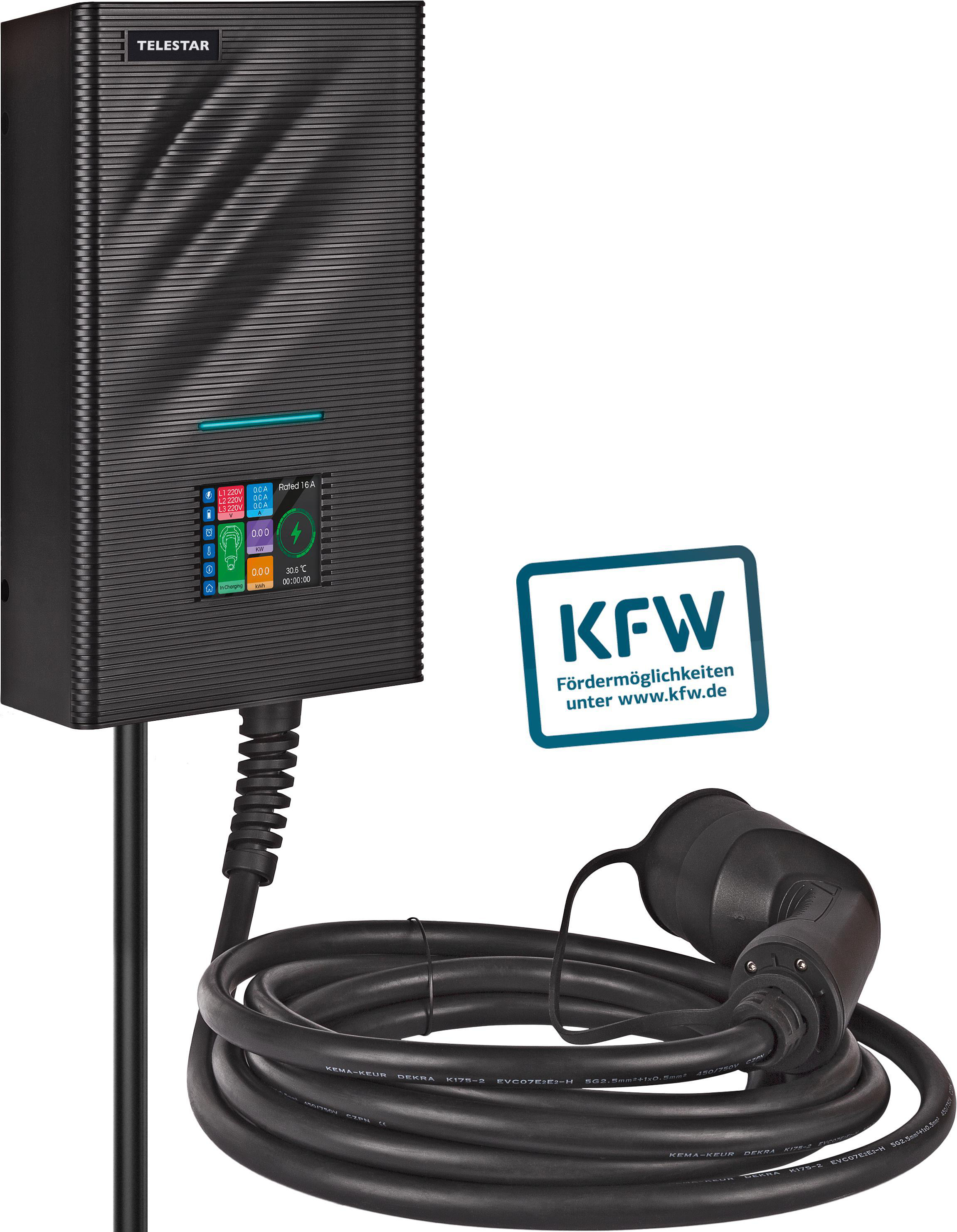 Schwarze Ladestation mit Kabel, Stecker und KFW-Logo.