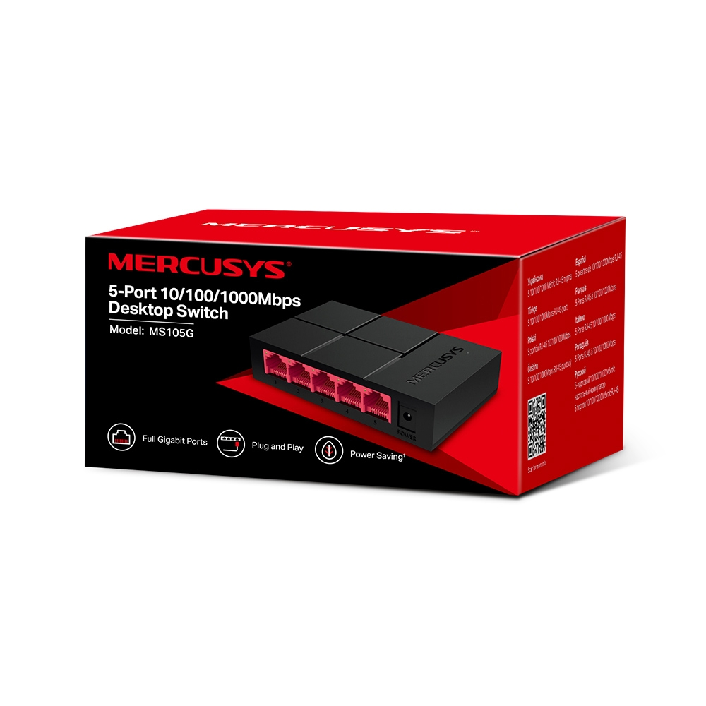 İçinde bir ağ anahtarı bulunan, kırmızı ve siyah Mercusys 5-Port 10/100/1000Mbps Masaüstü Anahtar kutusu.