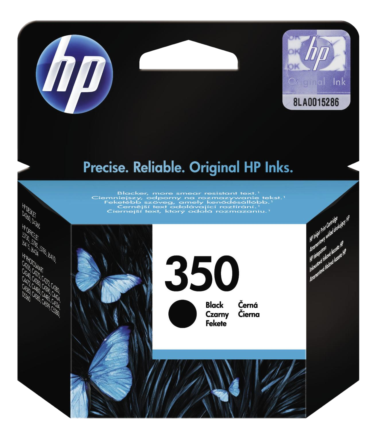 HP 350 Tintenpatrone schwarz. Schwarze Tinte, schwarzer Kreis, Schmetterlinge und Text.