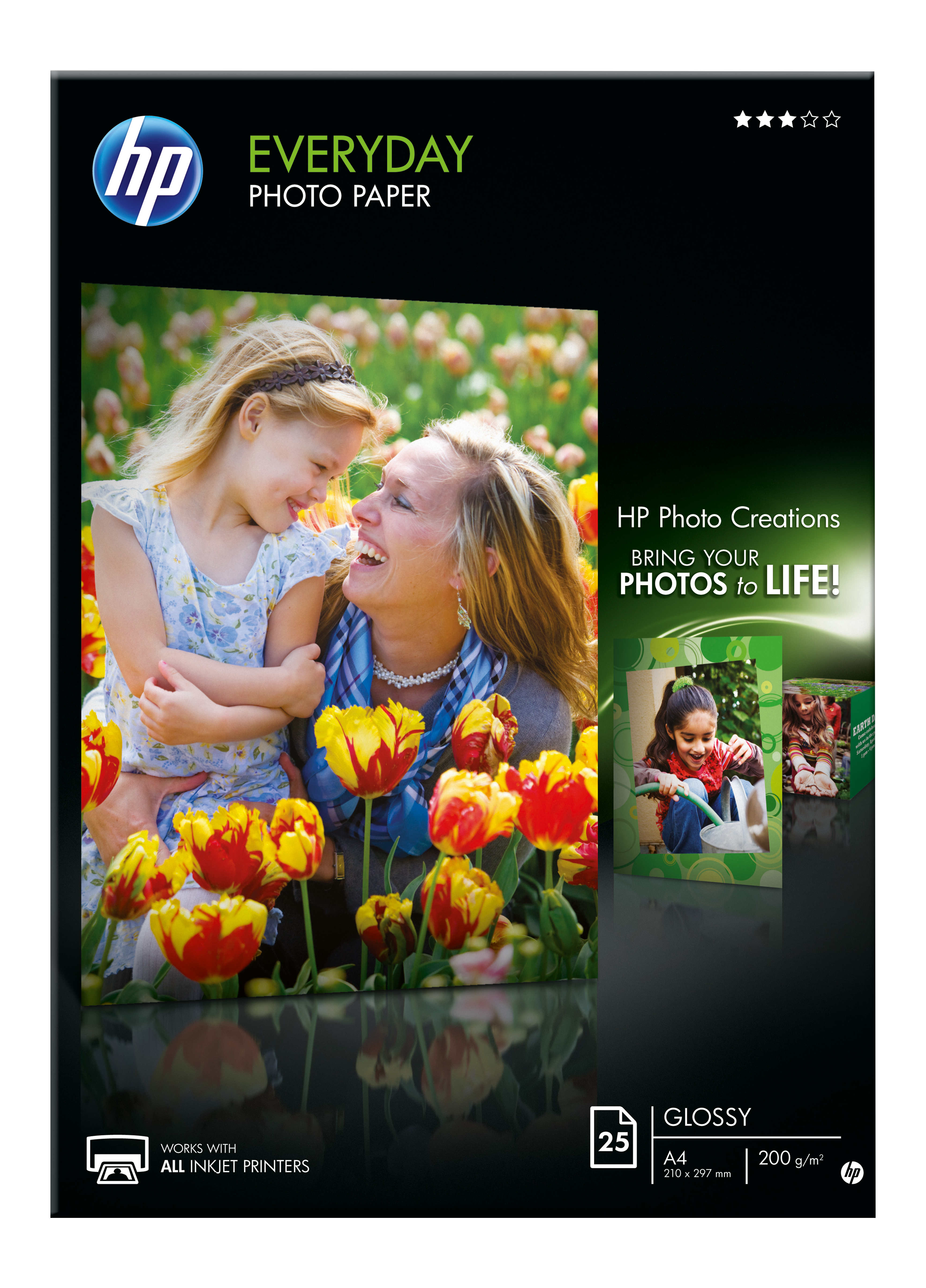 Fotopapier-Packung mit einer Frau und einem Kind und bunten Tulpen.