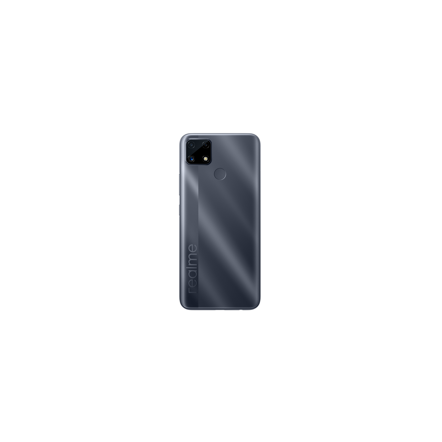 Un teléfono inteligente gris oscuro con una cámara y un sensor de huellas dactilares. La palabra 'realme' es visible.