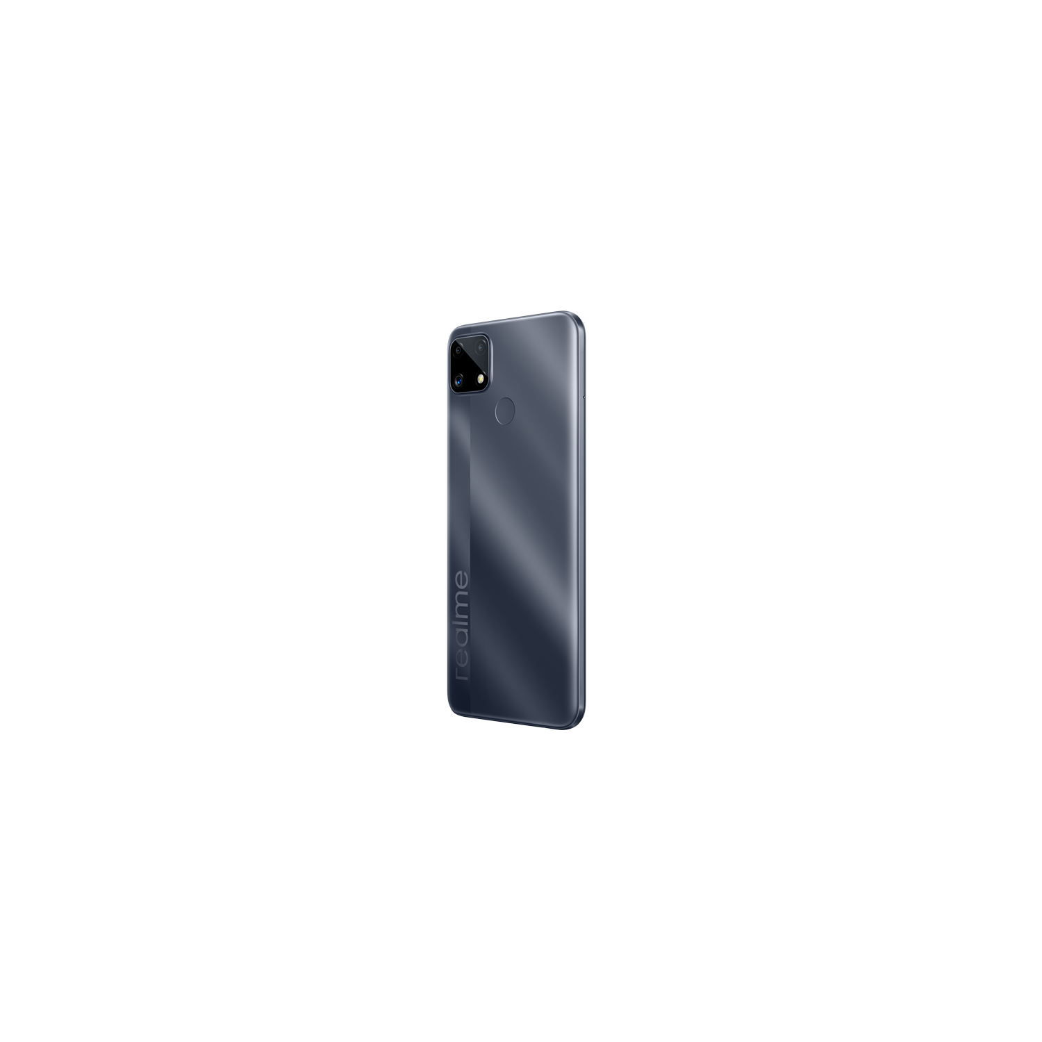 Un teléfono Realme gris oscuro. La parte trasera tiene una cámara, un flash y el nombre de la marca.