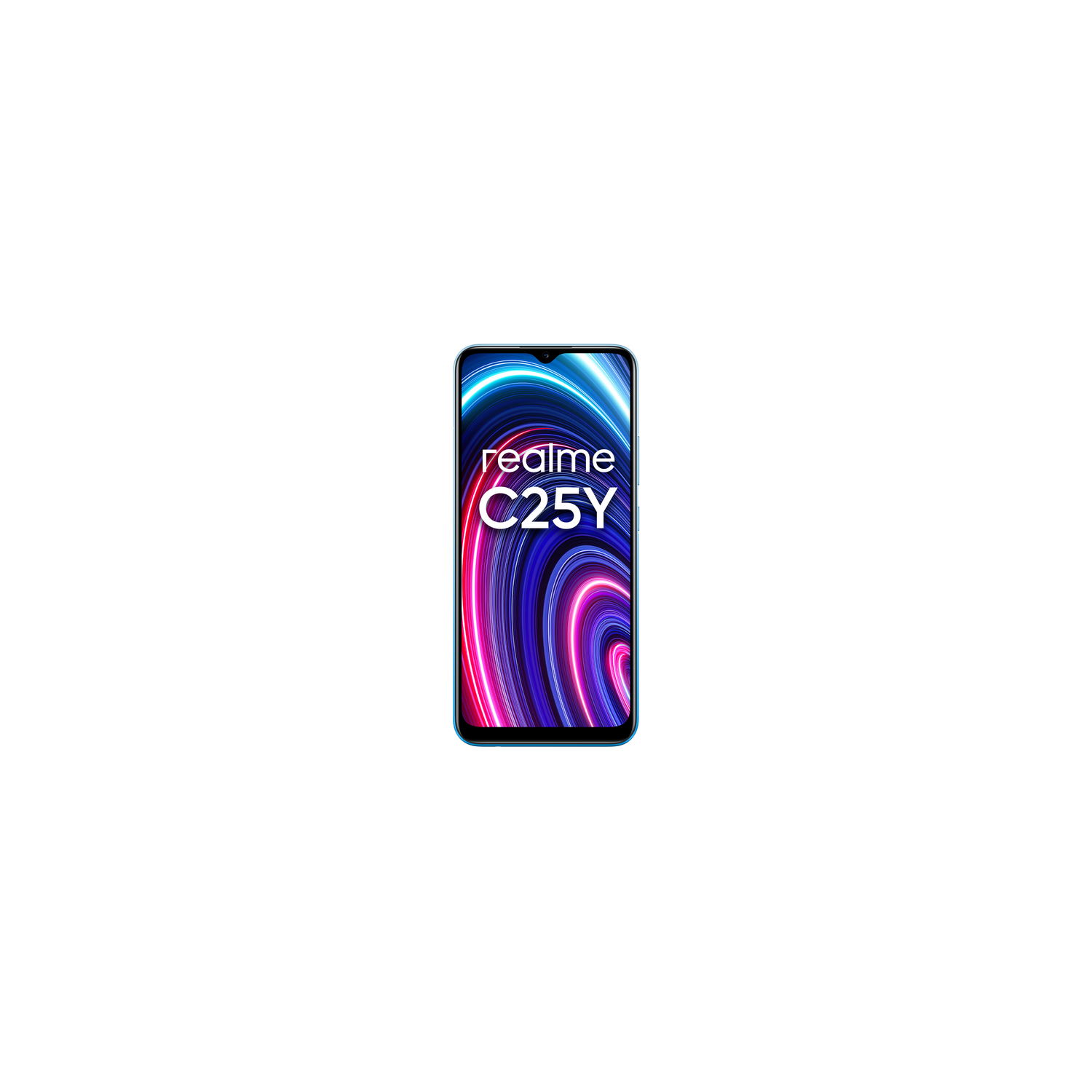 Teléfono Realme C25Y con pantalla colorida contra blanco.