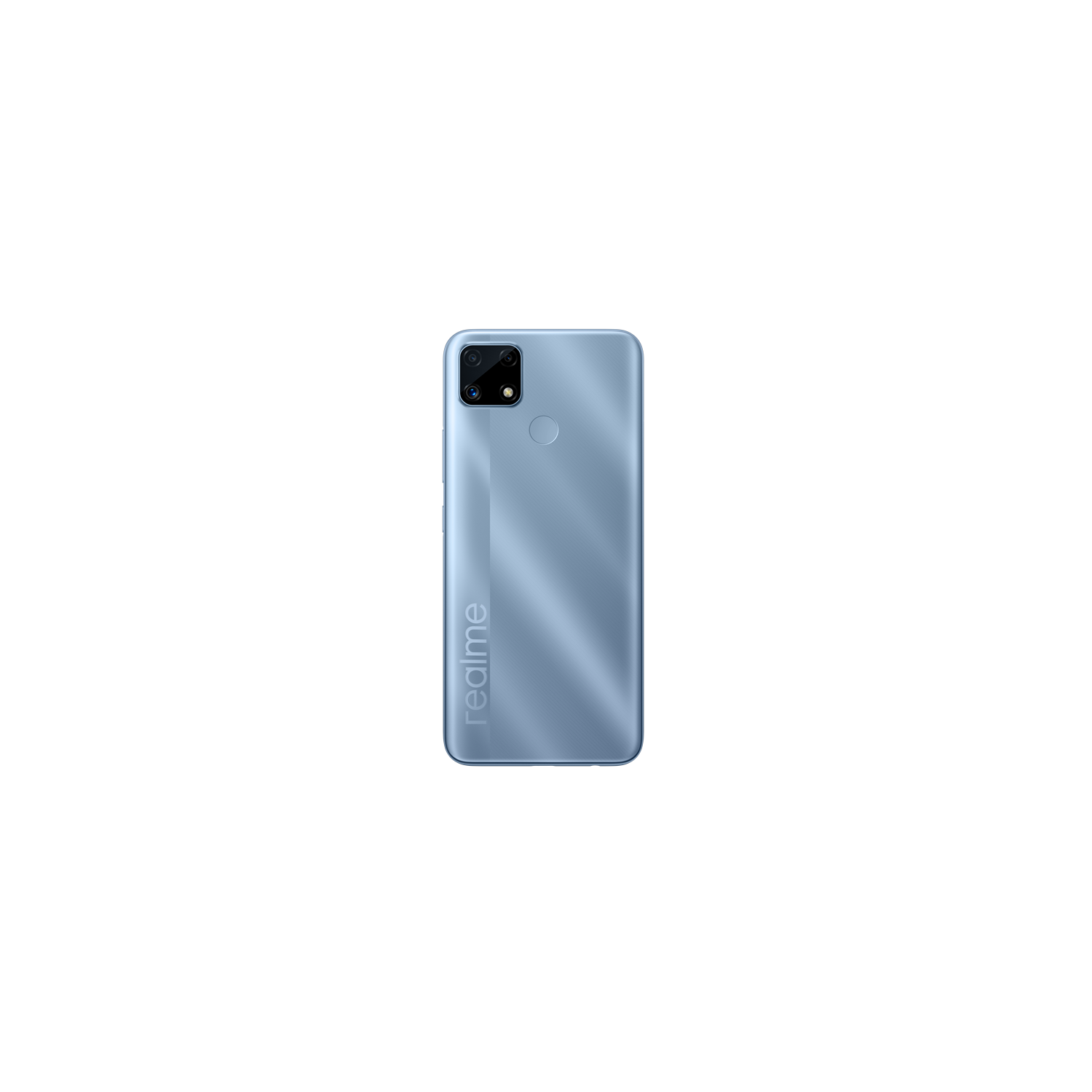 Un teléfono Realme azul sobre un fondo negro. La palabra realme está en el teléfono.