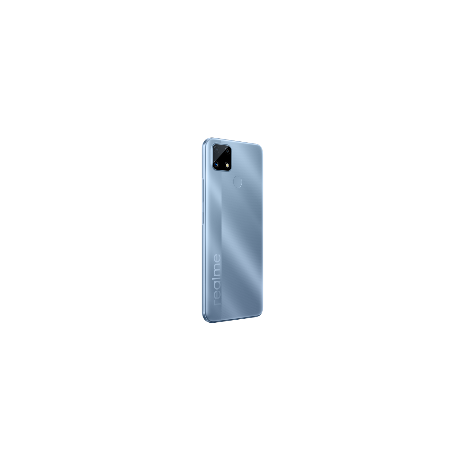 Teléfono realme azul claro. El teléfono tiene una cámara y el logotipo realme en la parte posterior.