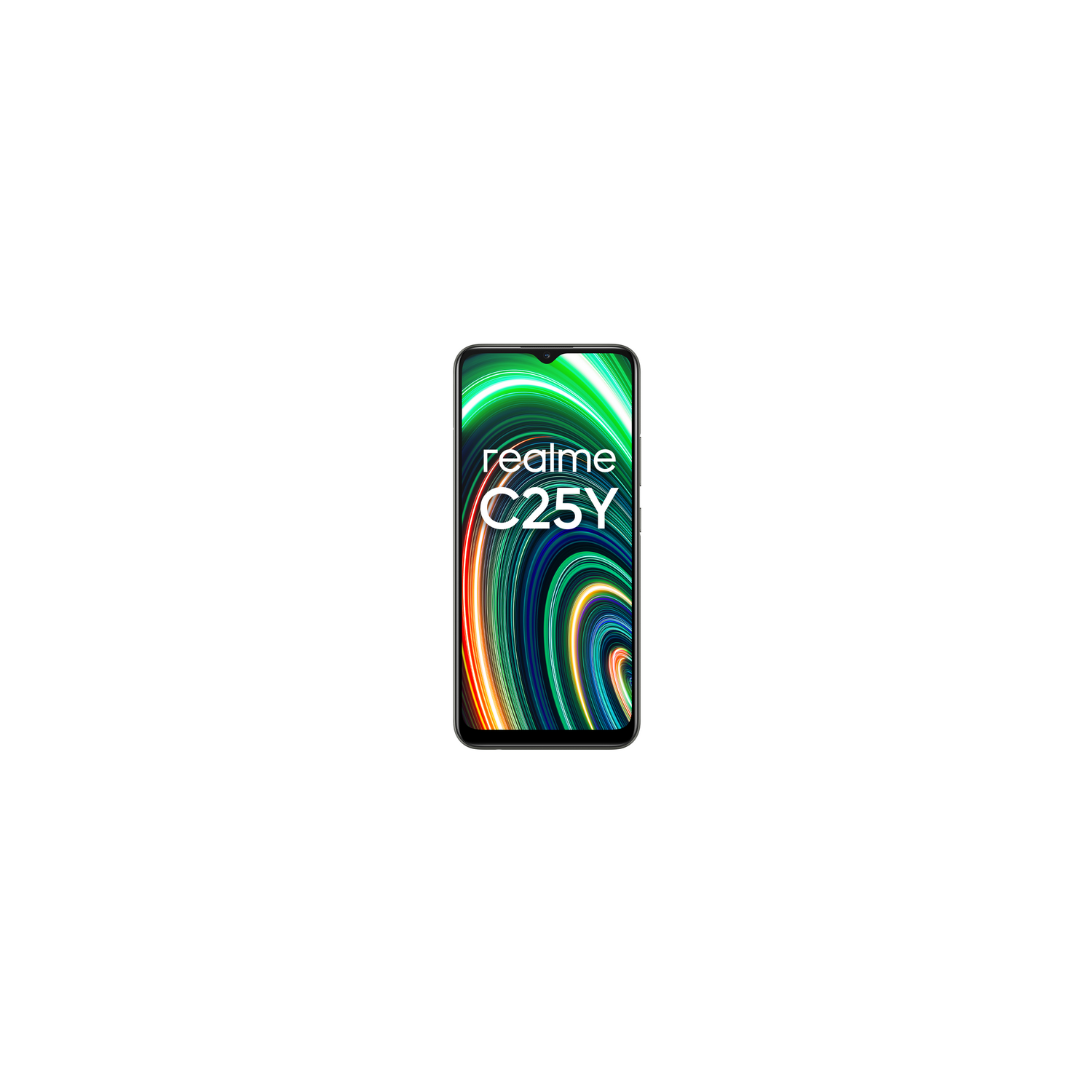 Un smartphone realme C25Y sobre un fondo blanco. La pantalla muestra un patrón colorido.