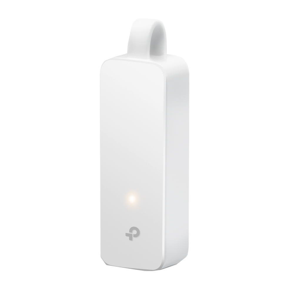 Beyaz TP-Link Wi-Fi genişletici, bir tutamağa sahip. Turuncu ışık ve logo içeriyor.