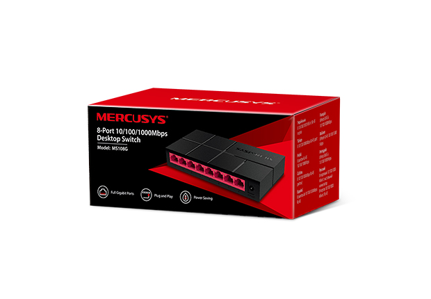 Ürün ve özelliklerin listelendiği kırmızı ve siyah bir Mercusys 8-Port Masaüstü Anahtar kutusu.