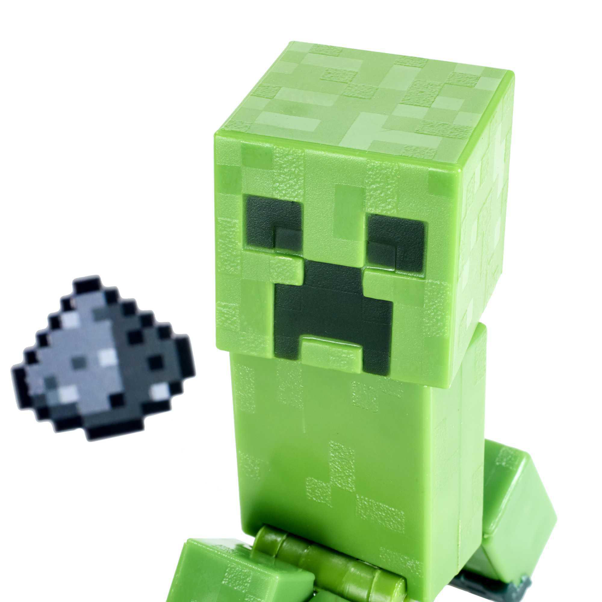 Minecraft Creeper Figur mit einem pixeligen Schießpulverblock daneben.