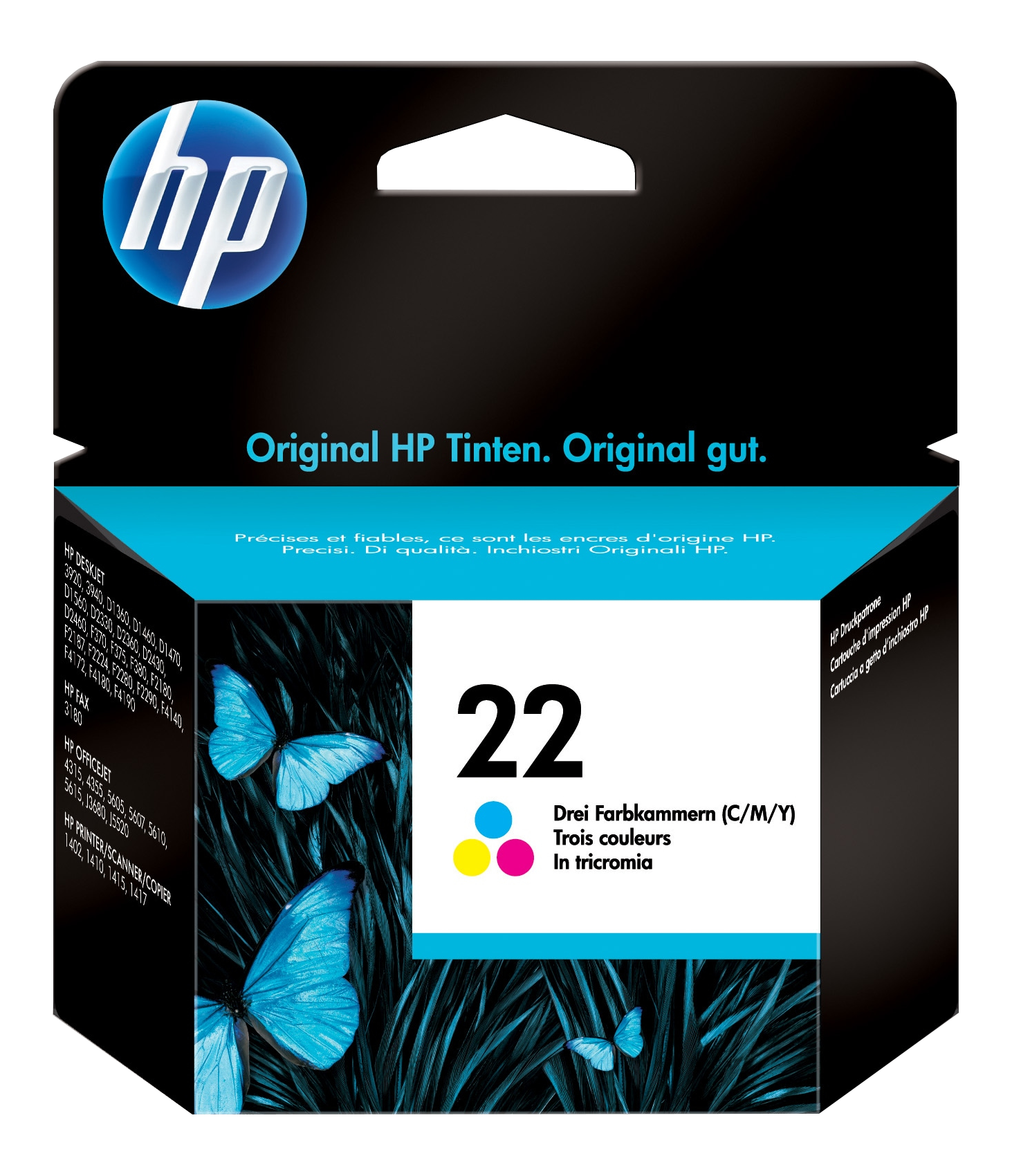 HP Tintenpatronenbox mit Schmetterlingen und Tintenfarben. "22" ist die Nummer.