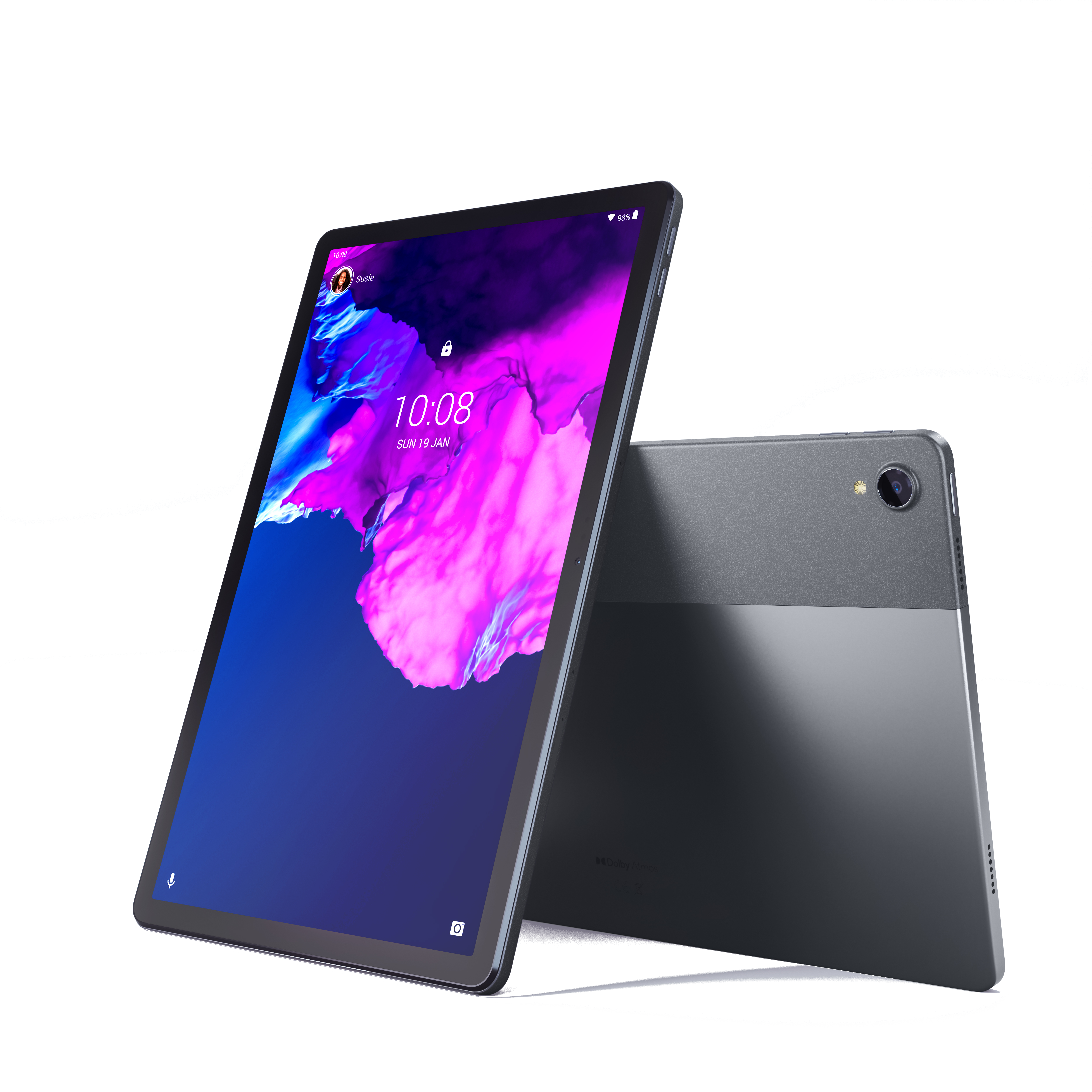 Tablet. Ön görünüm ekranı, arka görünüm kamerayı gösterir. Gri kasa.