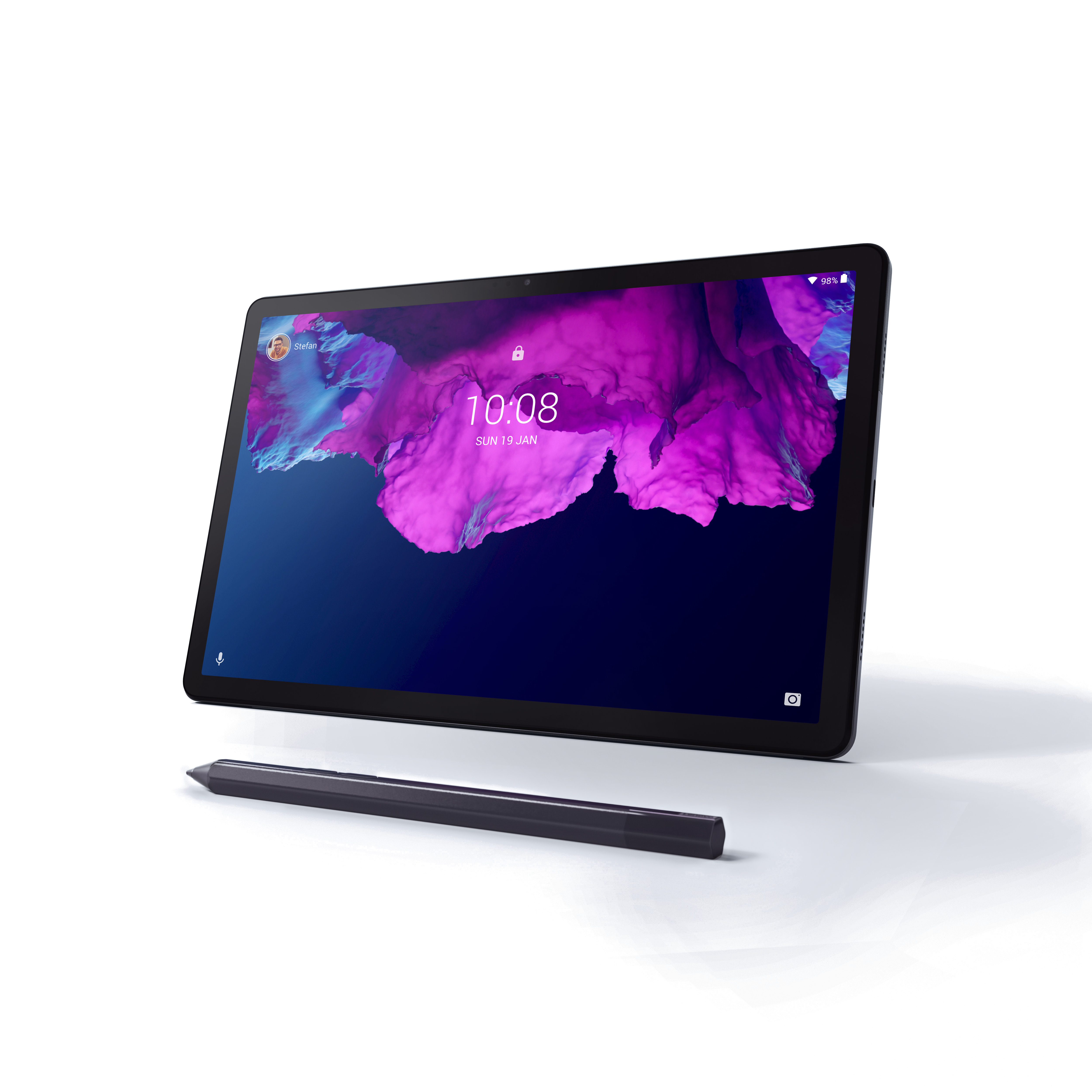 Önünde bir kalem bulunan bir tablet, renkli bir duvar kağıdı ile.