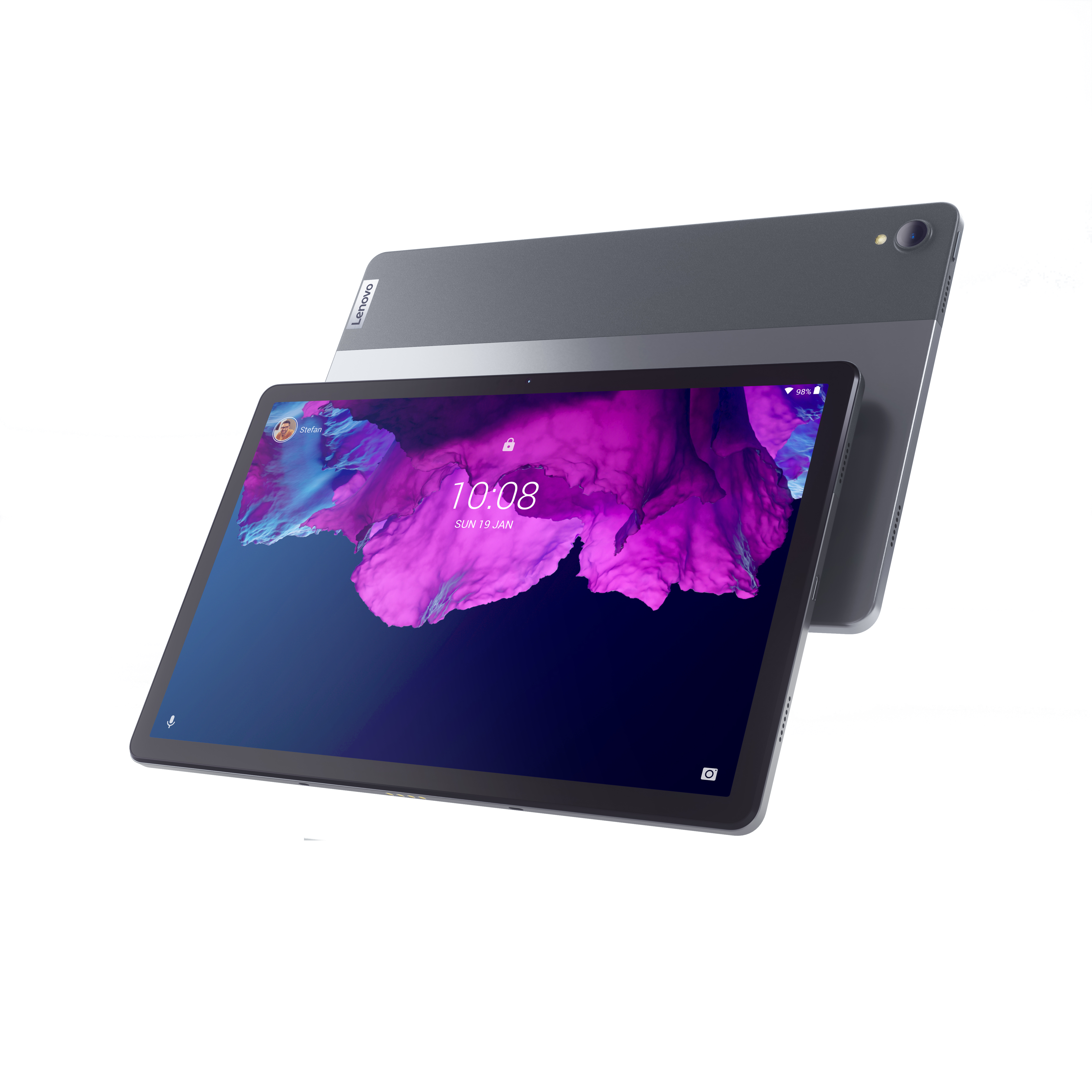 Klavye ile tablet. Ekran bir ana ekran görüntülüyor. Gri arka.