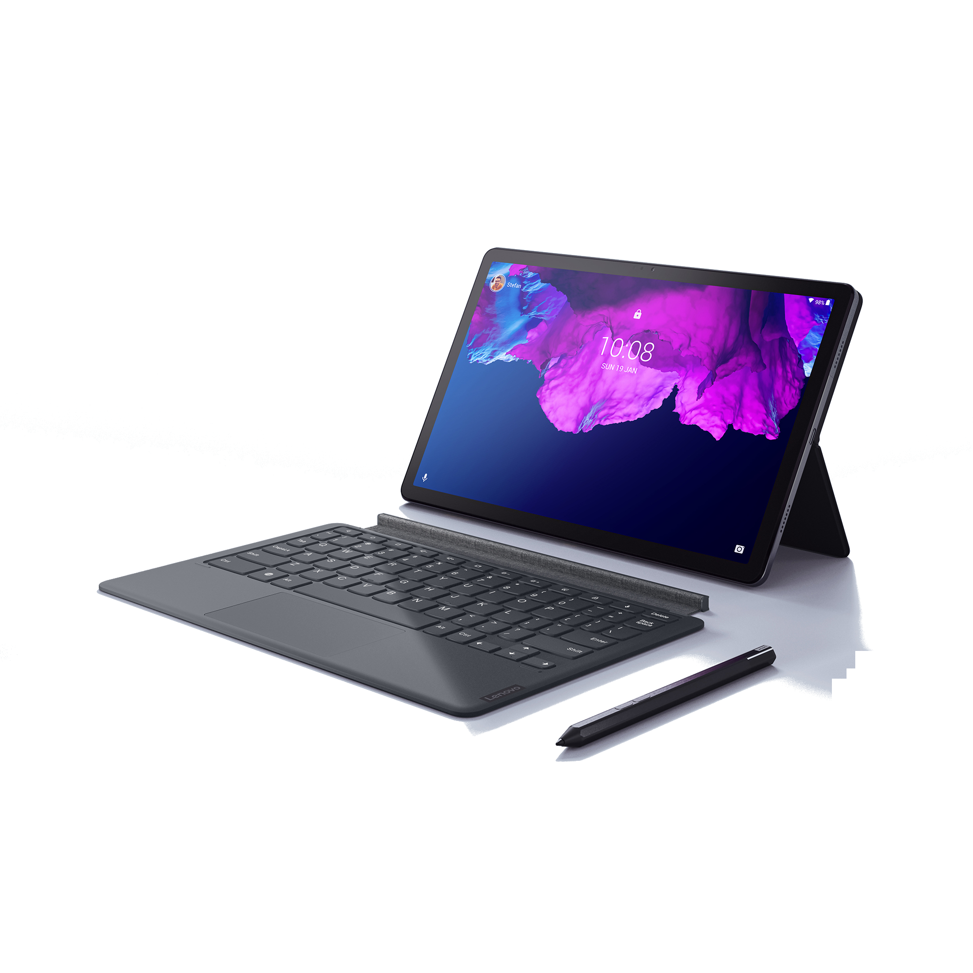 Beyaz yüzey üzerinde, açılı olarak duran klavye ve kalemli bir tablet.