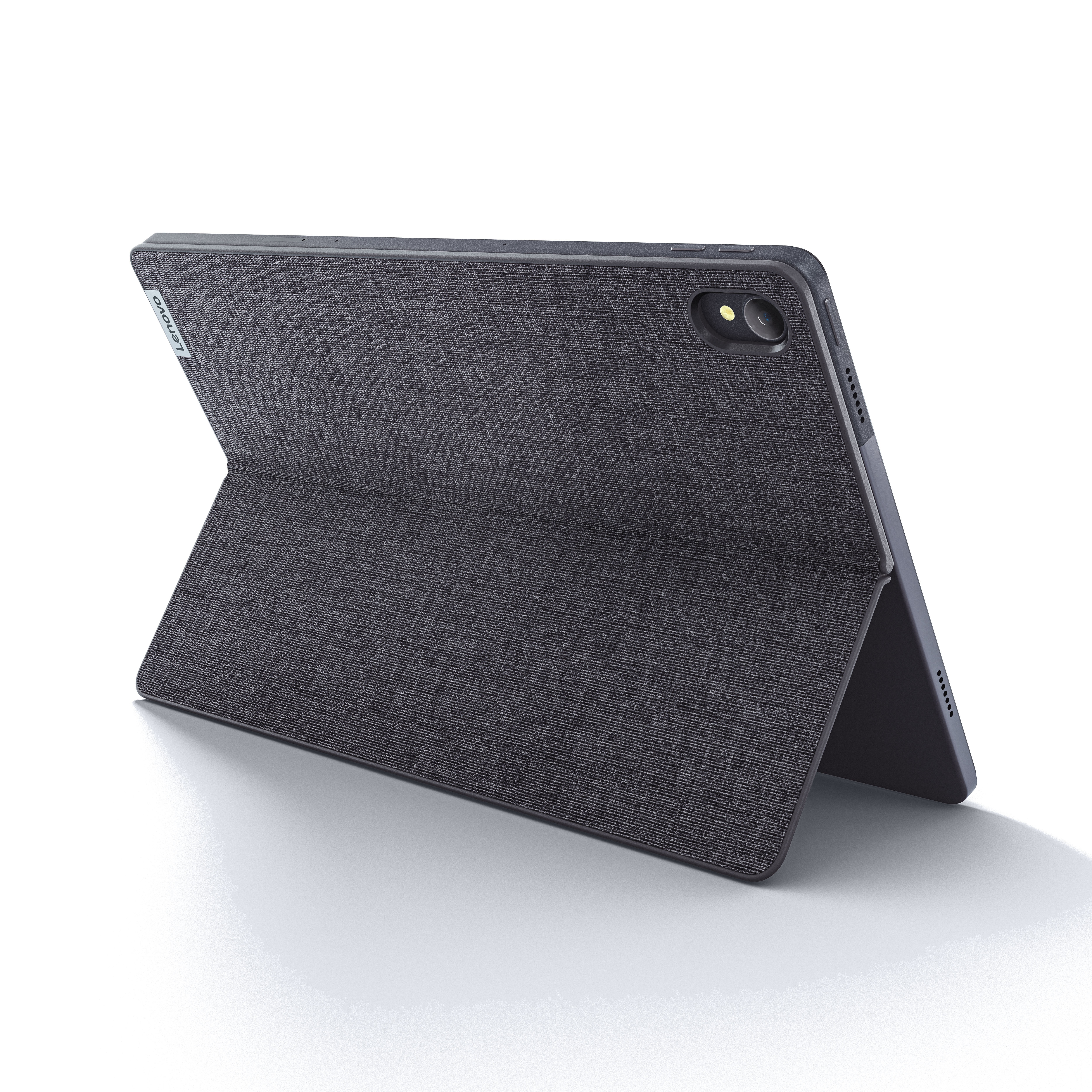 Standlı koyu gri tablet. Ekran açık, ışık yansıması gösteriyor.