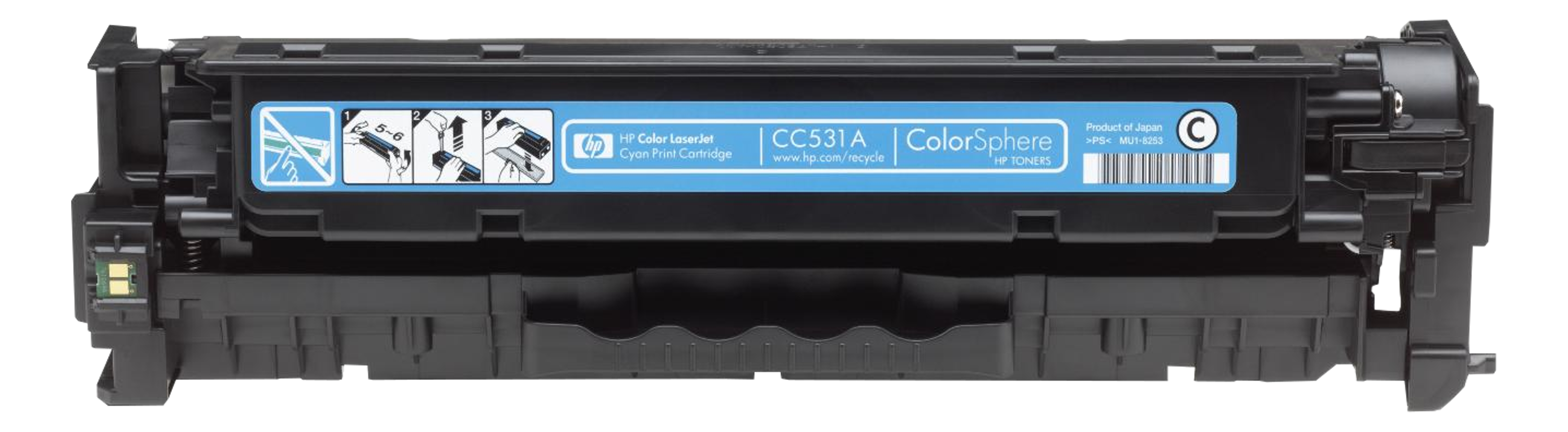 HP Color LaserJet Cyan-Tonerpatrone, blaues Etikett auf schwarzem Gehäuse.
