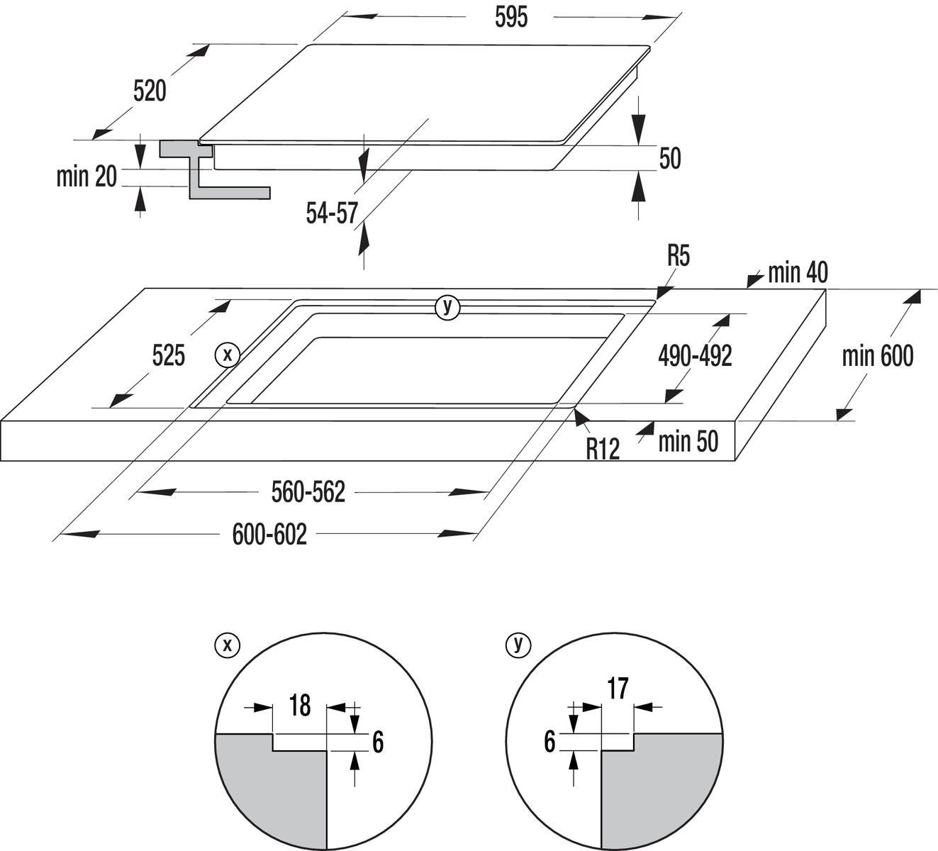 Technische Zeichnung eines Kochfelds, mit Abmessungen und Details für Einbau und Ausschnitt.