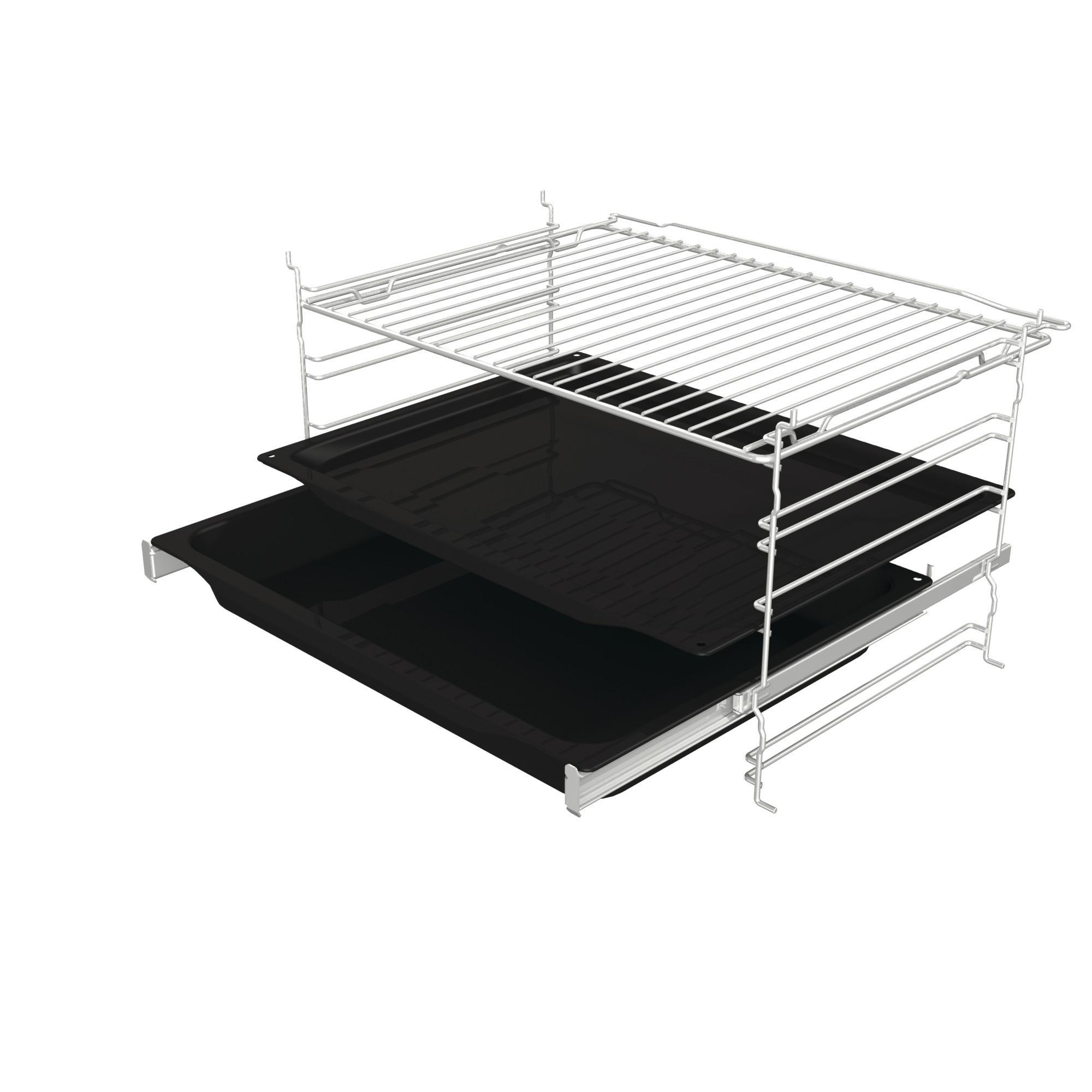Dreistufiger Ofenrost mit schwarzen Tabletts. Weißer Rahmen, leer, zum Backen.