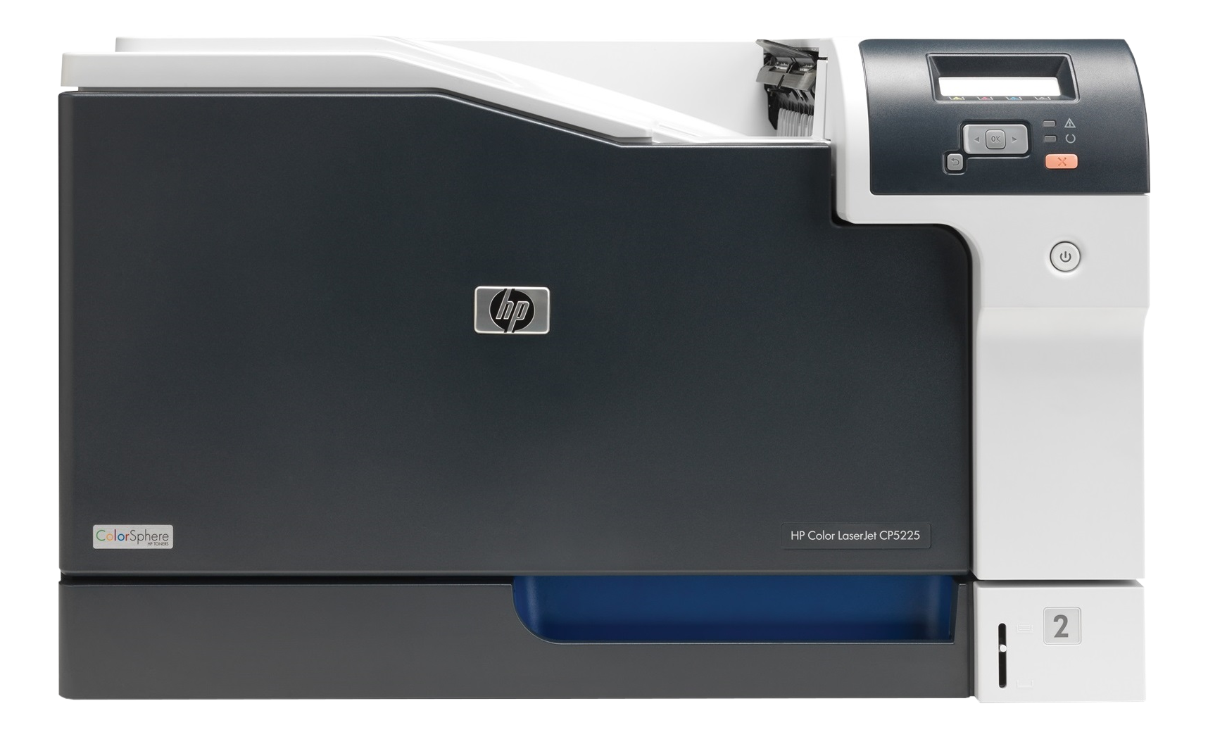 Stampante HP Color LaserJet CP5225. Ha un design nero e grigio con una parte superiore bianca.
