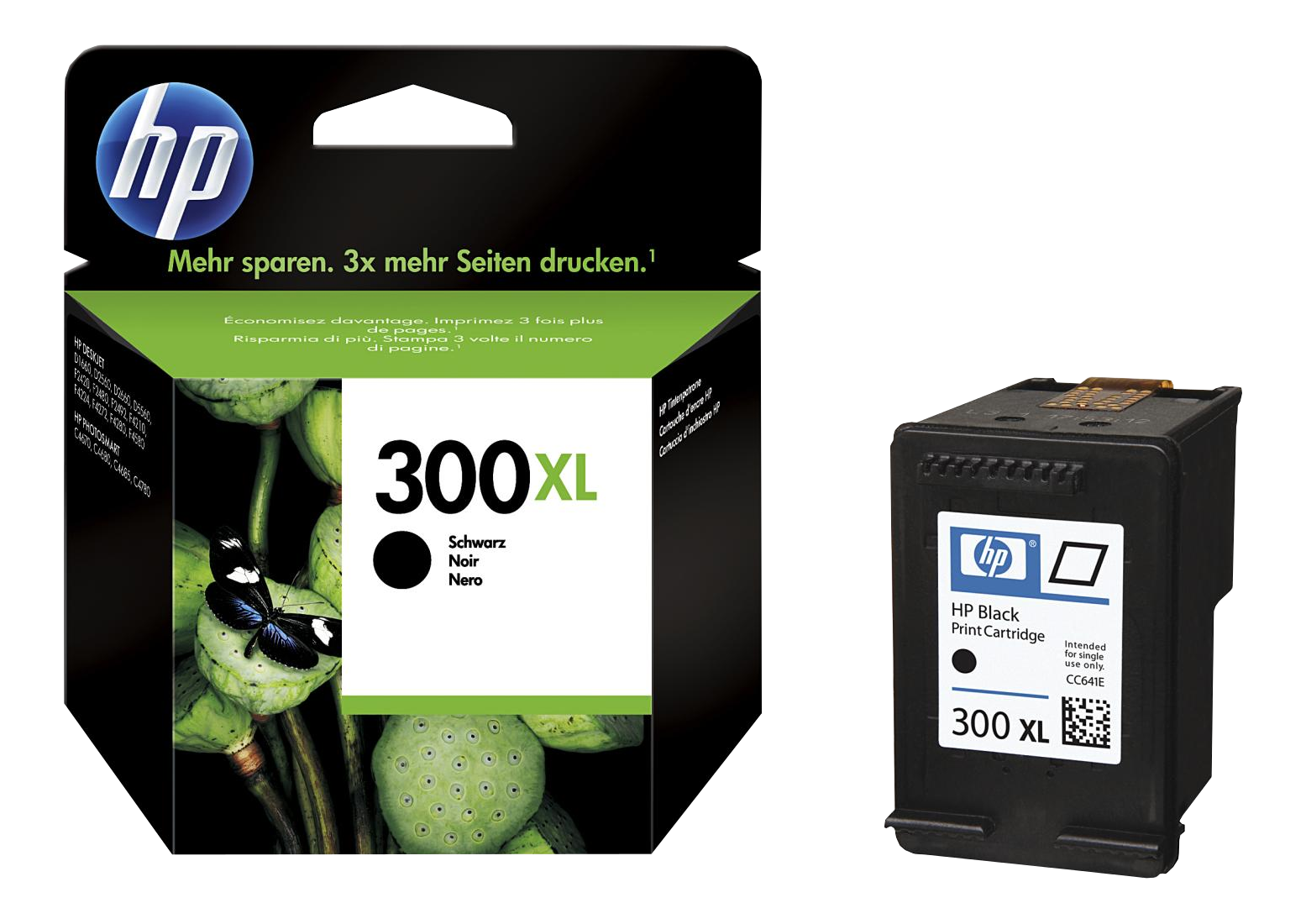 Cartouche d'encre noire HP 300XL dans une boîte, à côté d'une cartouche en vrac. Emballage vert, noir et blanc.