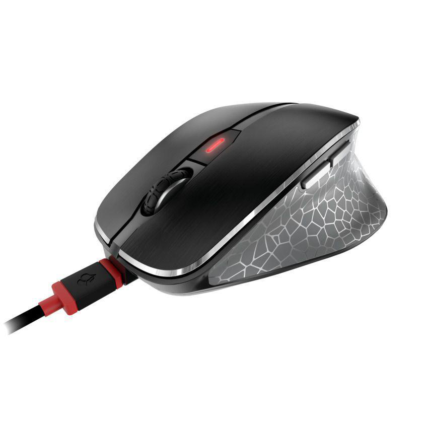 Eine schwarz-graue Gaming-Maus mit einem roten USB-Kabel.