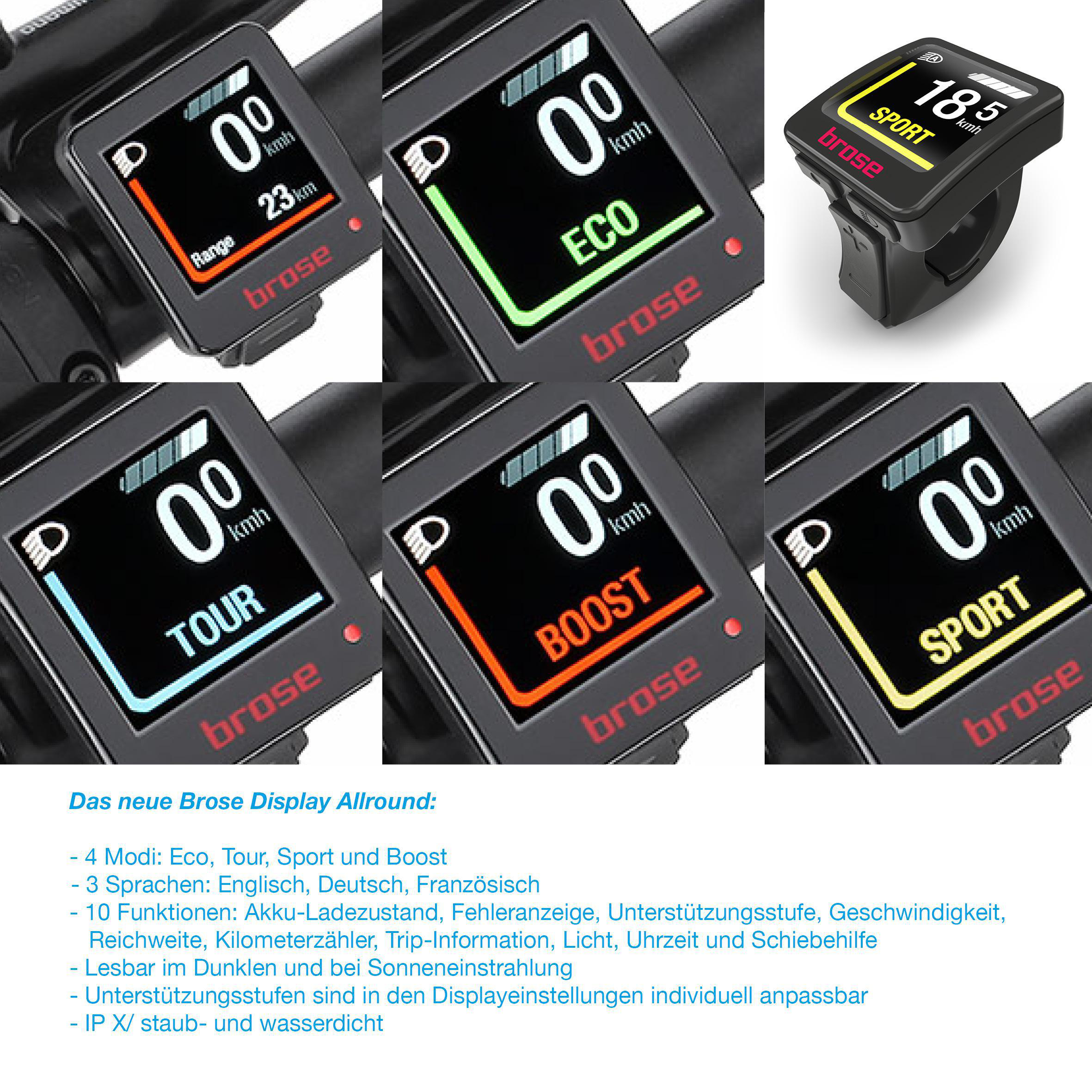Mehrere Bilder eines Brose-Displays. Es zeigt Daten wie Geschwindigkeit, Reichweite und Modi.