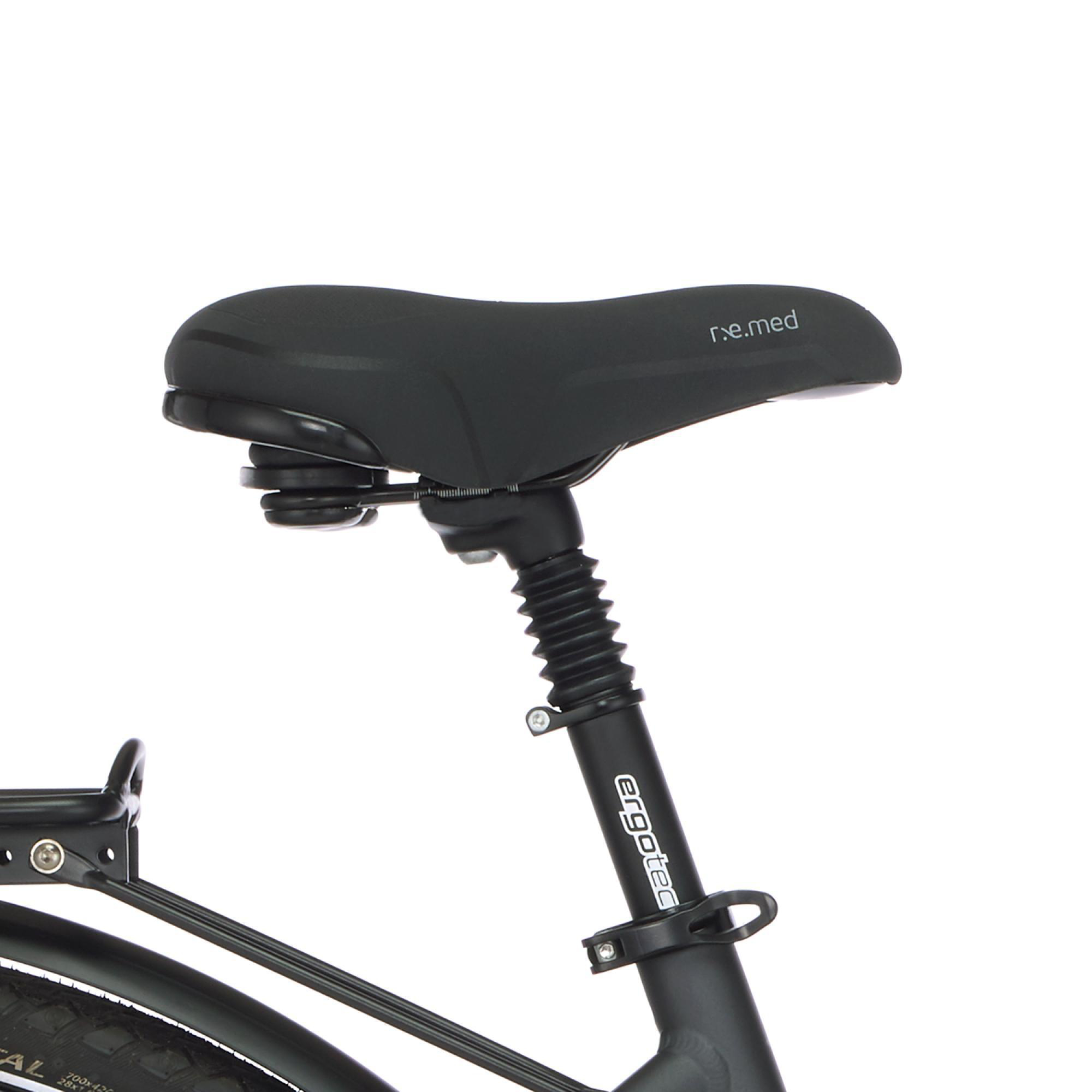 Schwarzer Fahrradsattel an einer schwarzen Sattelstütze und Rahmen befestigt.