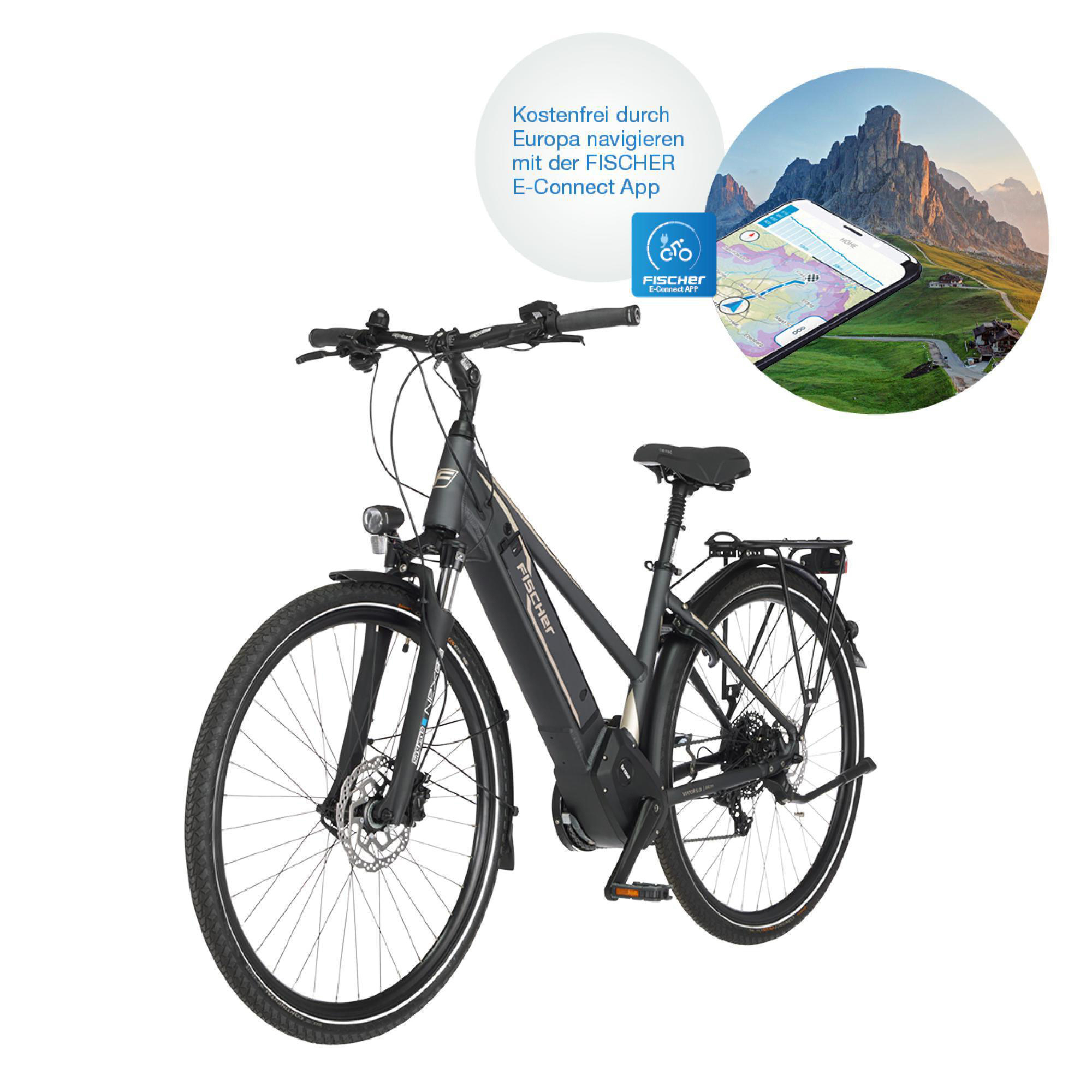 Ein schwarzes Fahrrad mit einem Tablet, das eine Karte zeigt. Text: Fischer E-Connect App.
