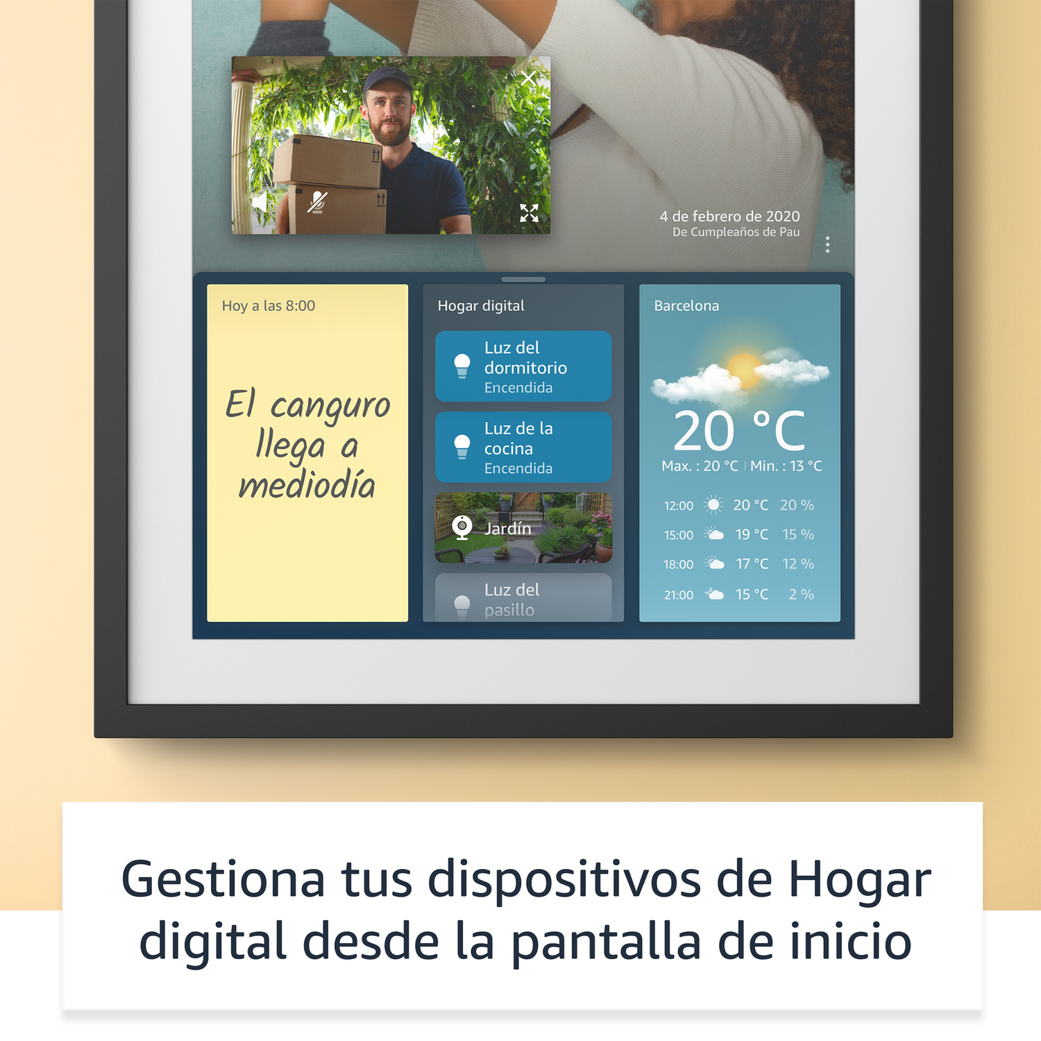 Una pantalla de hogar inteligente muestra un calendario, el clima y controles de dispositivos.