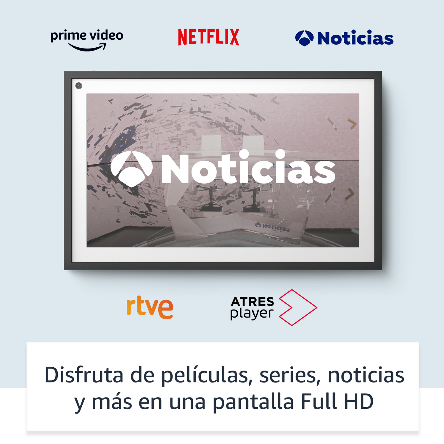 Una pantalla mostrando noticias y logos de Prime Video, Netflix y Noticias. Fondo blanco.