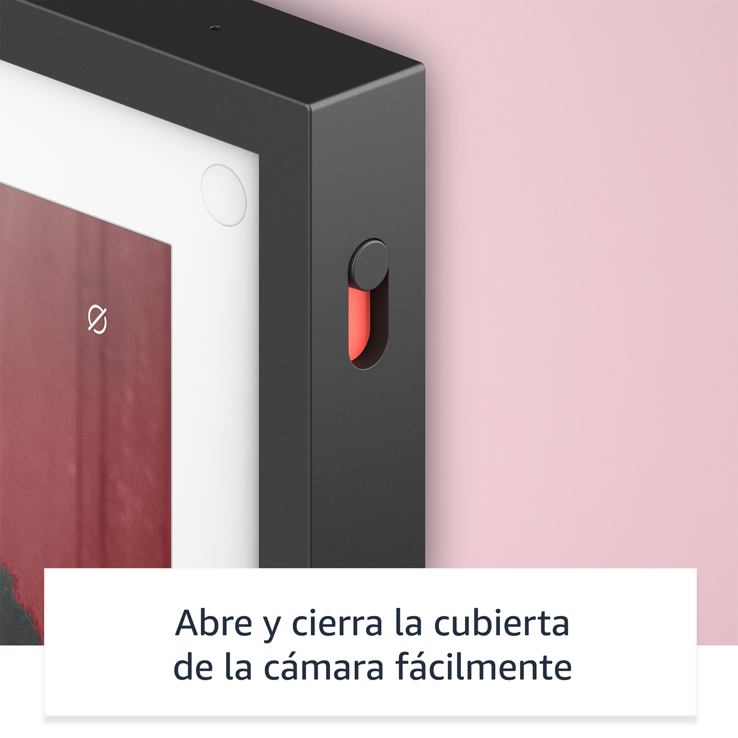 Pantalla inteligente negra. Botón rojo en el lateral. Texto en español abajo.