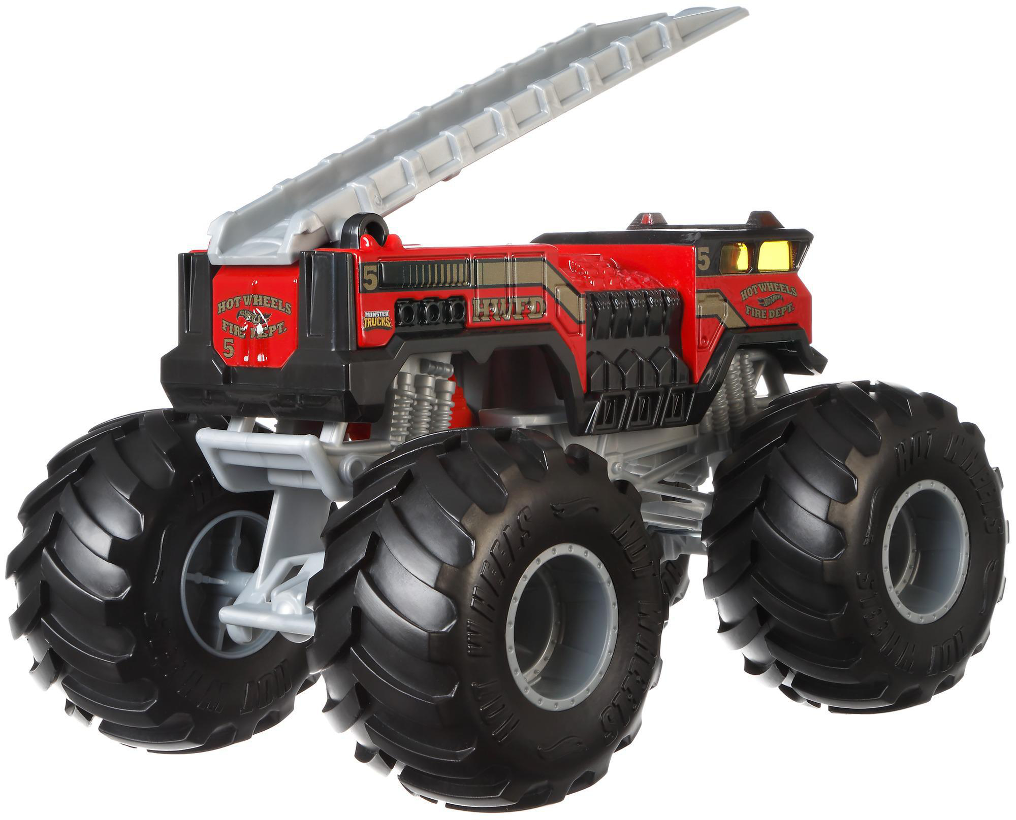Roter Hot Wheels Feuerwehrtruck. Er hat große schwarze Reifen, eine Leiter oben und die Nummer 5 an der Seite.