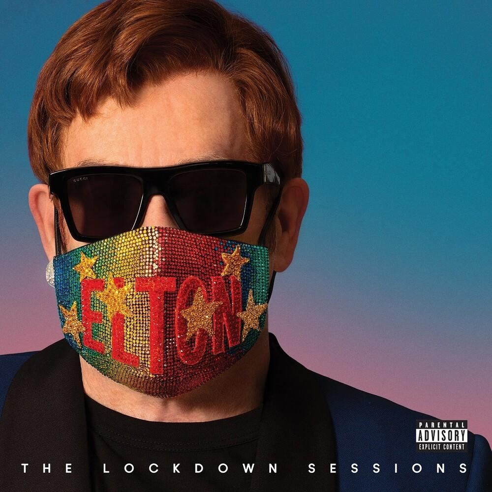 Elton John csillogó maszkkal, rajta az 'ELTON' szóval és csillagokkal, a The Lockdown Sessions albumborítója.
