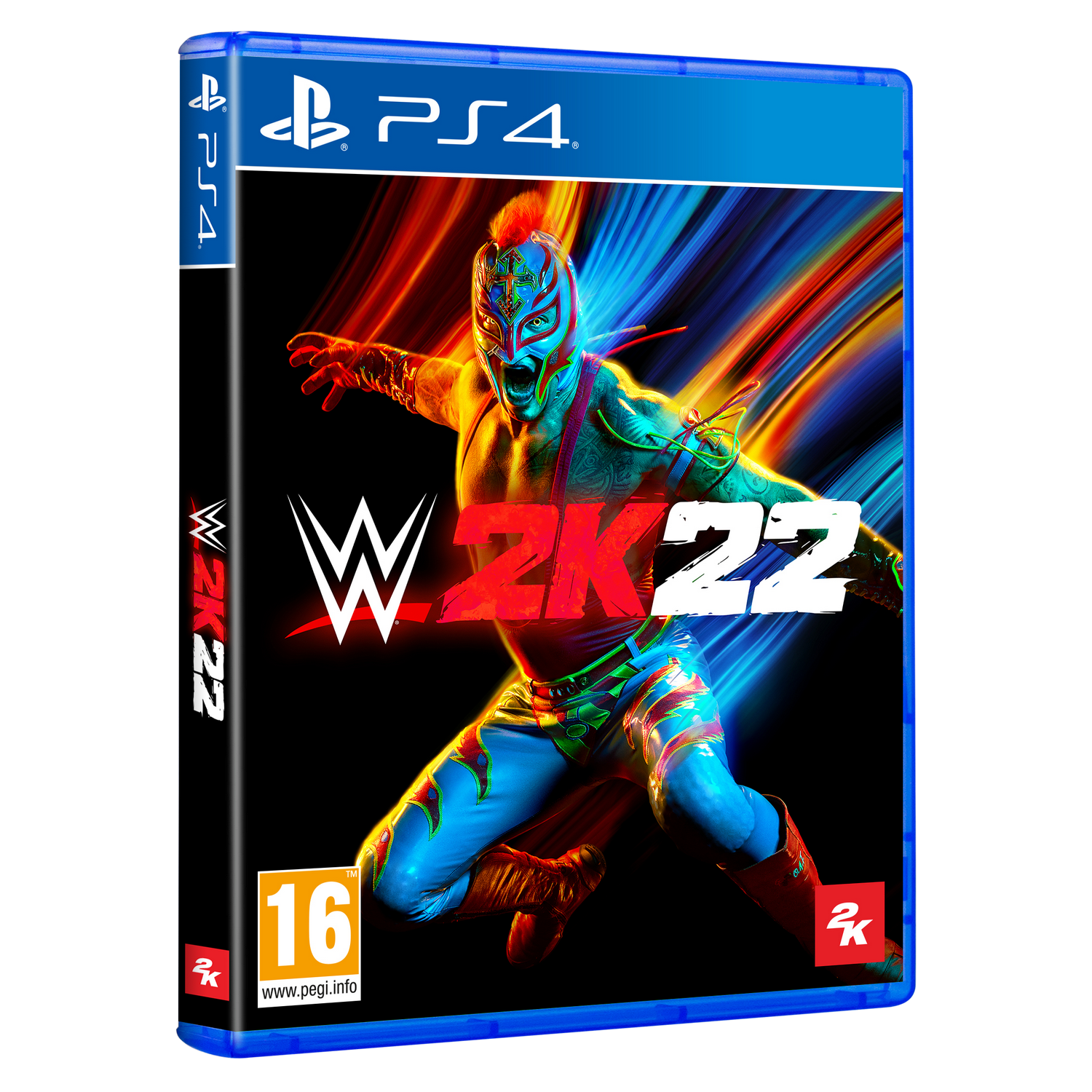 Caja de juego PS4 para WWE 2K22, con un luchador con un atuendo colorido y un fondo dinámico.