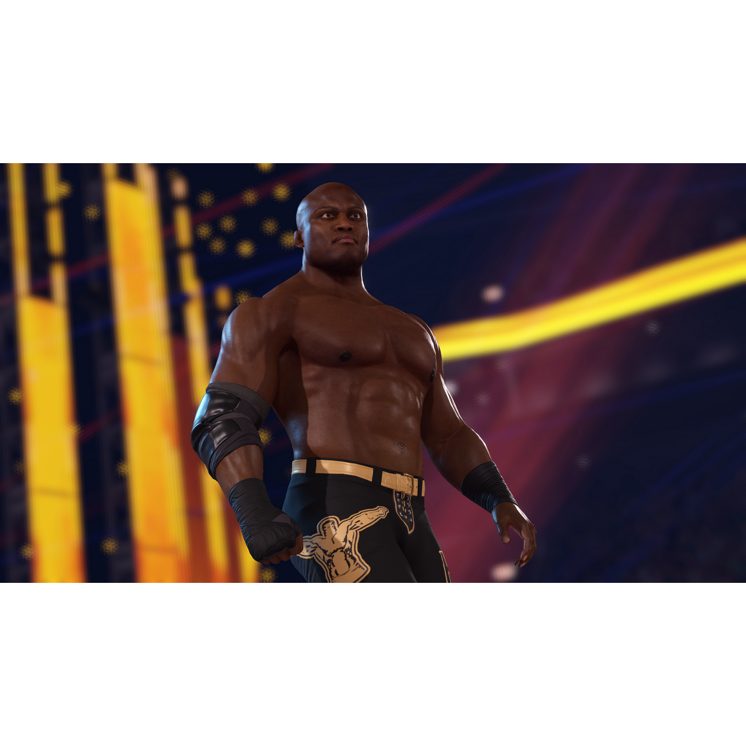 Un hombre musculoso sin camisa con equipo de lucha libre, en un estadio.