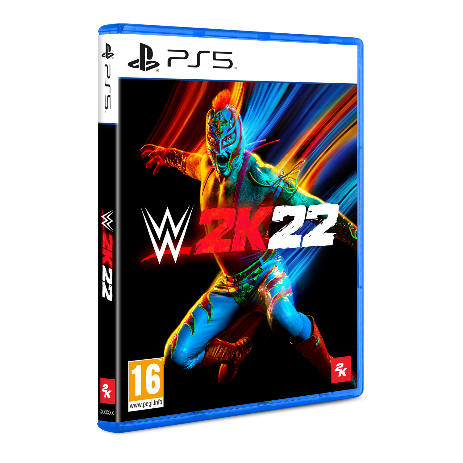 Caja de juego PS5 para WWE 2K22. Presenta un luchador con disfraz, título del juego y logotipos.