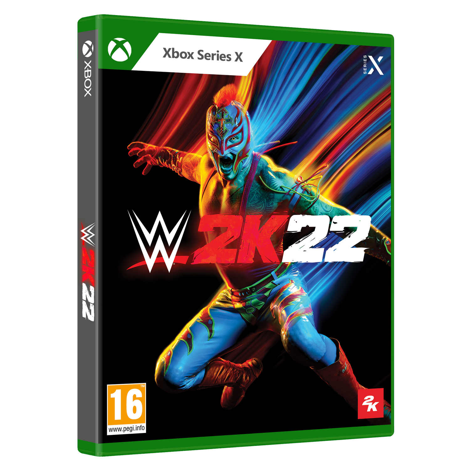 Portada del juego WWE 2K22. Rey Mysterio con equipo de lucha libre. El logo de Xbox Series X arriba.