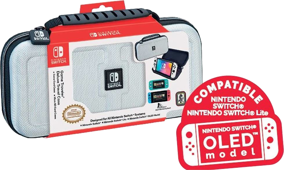 Nintendo Switch Game Traveler Deluxe Case mit rotem kompatiblen OLED-Modell-Etikett.