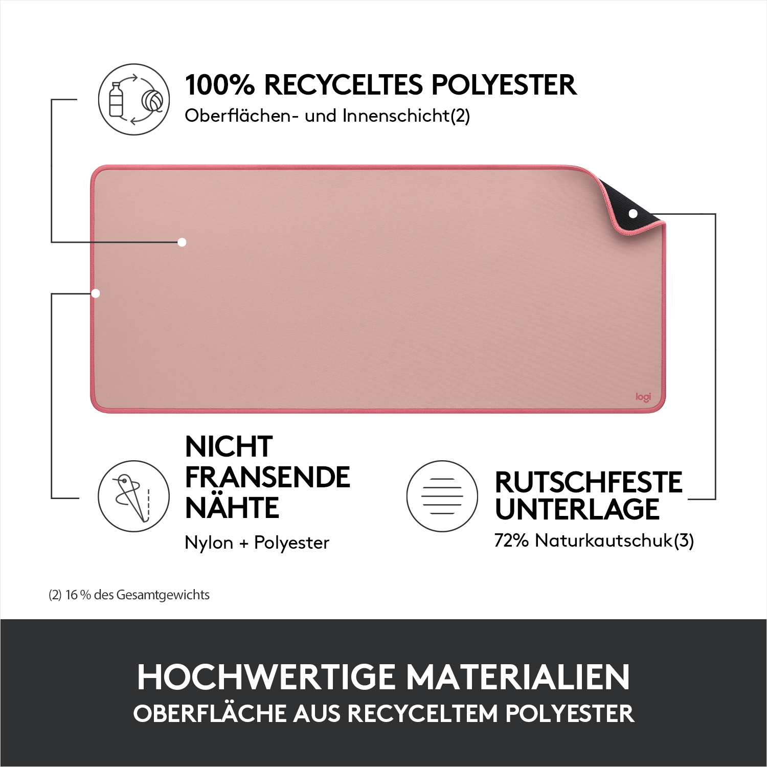 Eine rosafarbene Mausunterlage aus 100 % recyceltem Polyester mit nicht ausfransenden Nähten.