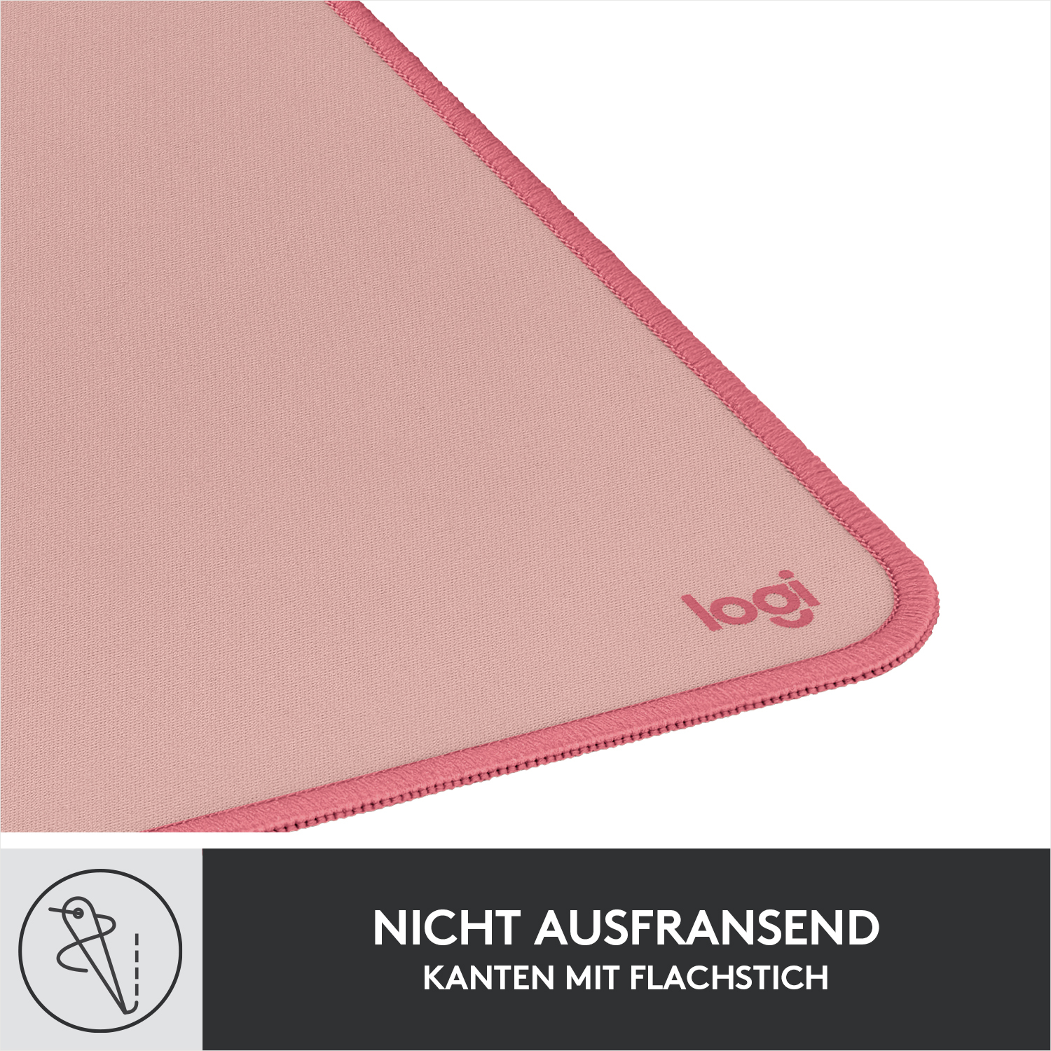 Ein rosafarbener Mauspad-Rand mit pinkem Garn und dem Logitech-Logo.