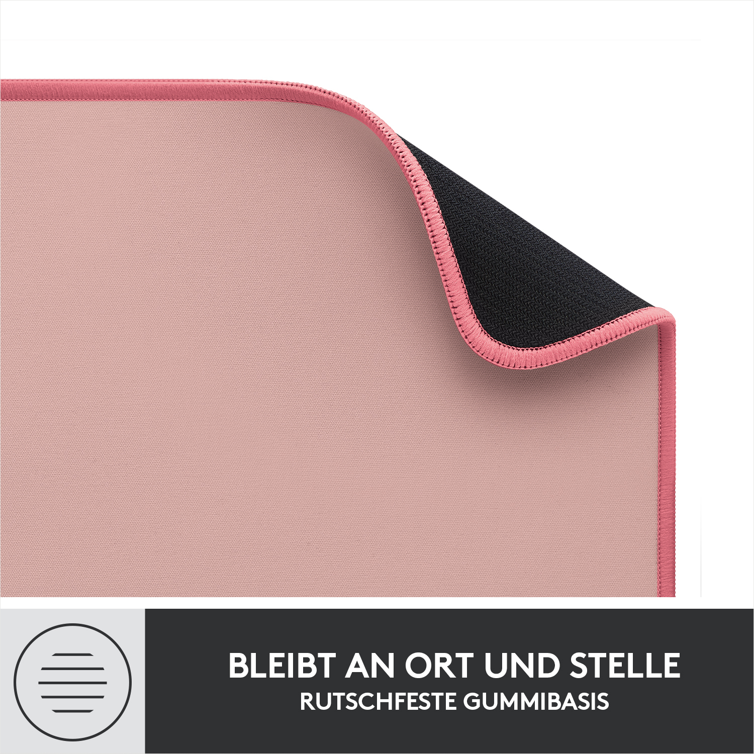 Eine rosafarbene Mausunterlage mit pinkem Rand, die Rückseite ist schwarz.