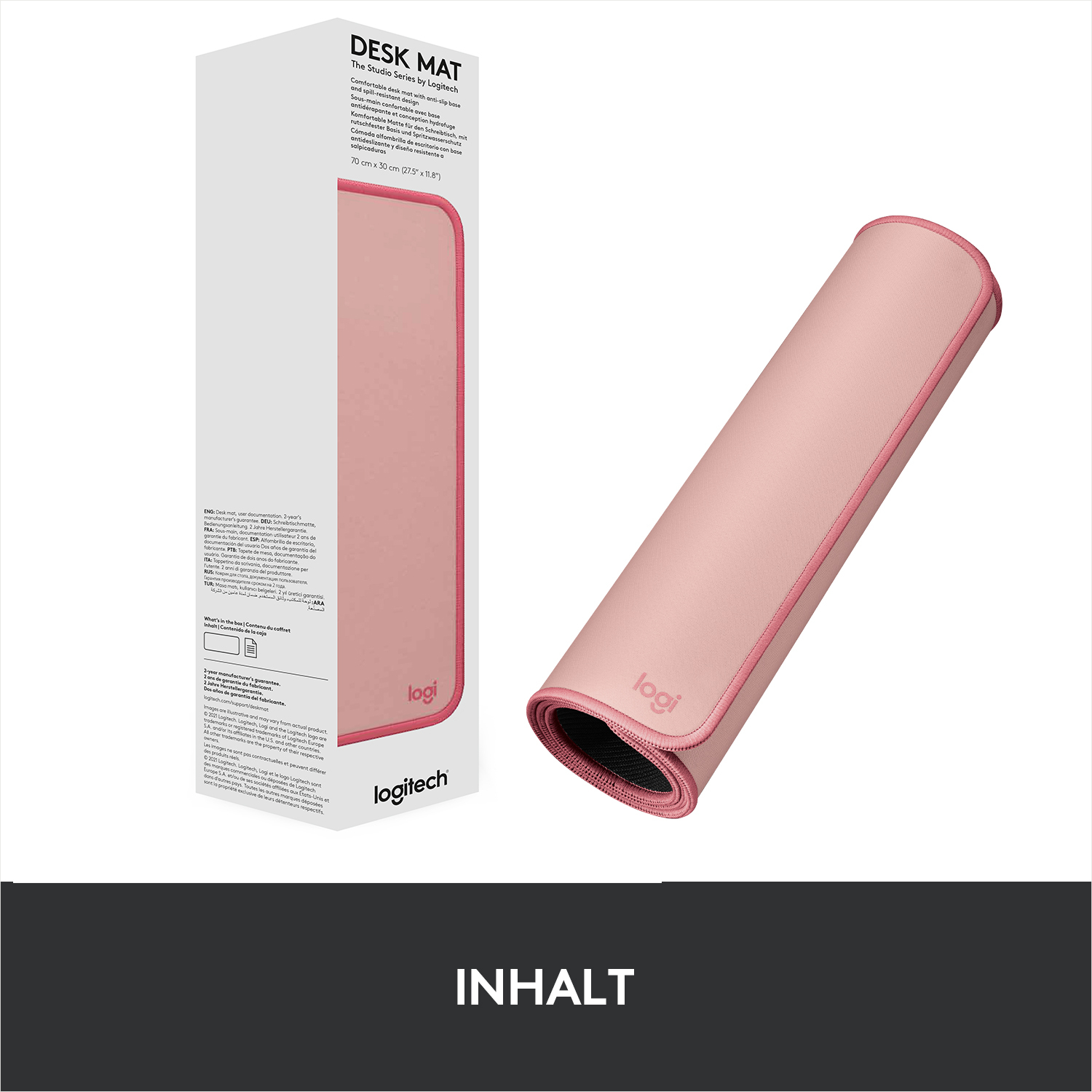 Ein rosa Schreibtisch-Pad von Logitech, aufgerollt, mit Nähten und Logo.