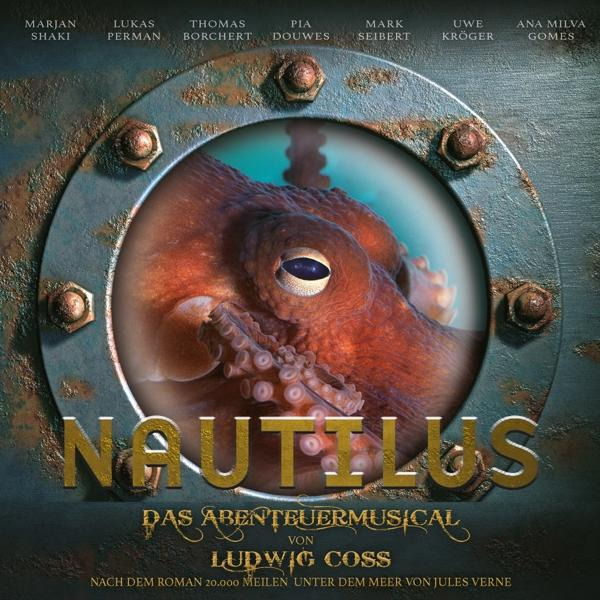 Oktopus in Bullaugenkunst. Das Wort NAUTILUS steht unten. Es ist ein Musical.